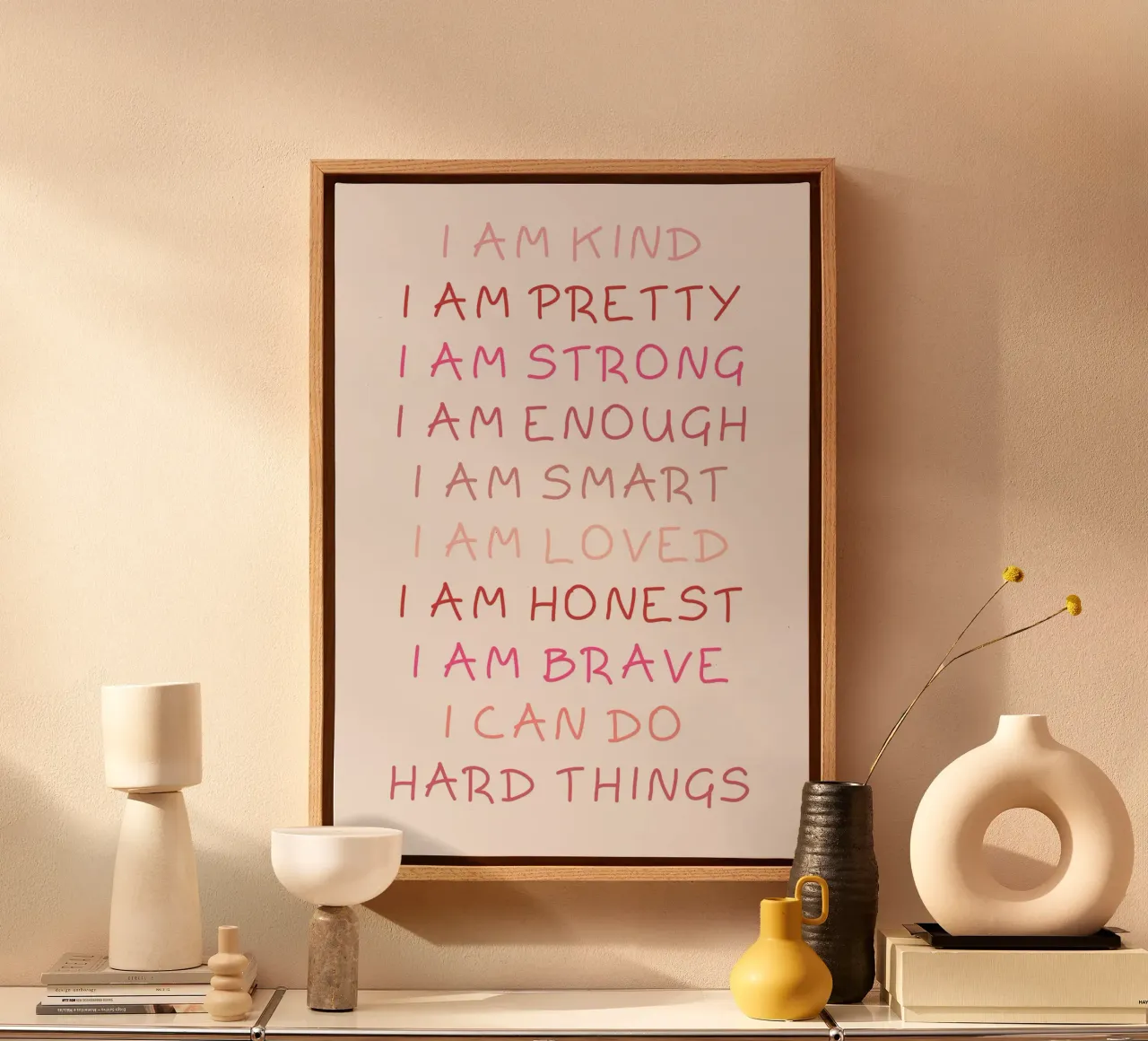 Tägliche Affirmationen Kunstdruck, positives Zitat Dekor Leinwand mit Schattenfugenrahmen von vintagepod
