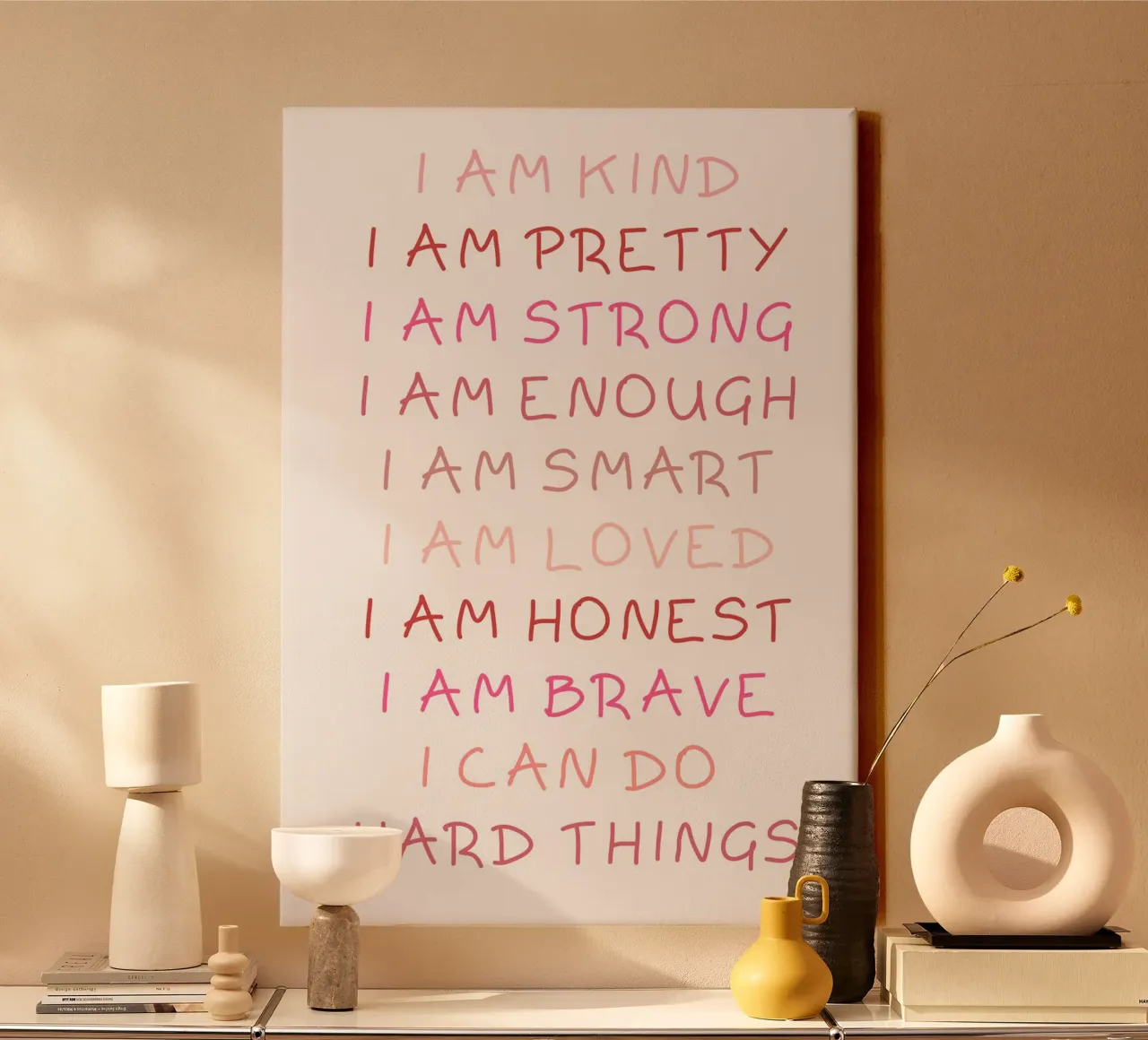 Tägliche Affirmationen Kunstdruck, positives Zitat Dekor Leinwand mit Schattenfugenrahmen von vintagepod