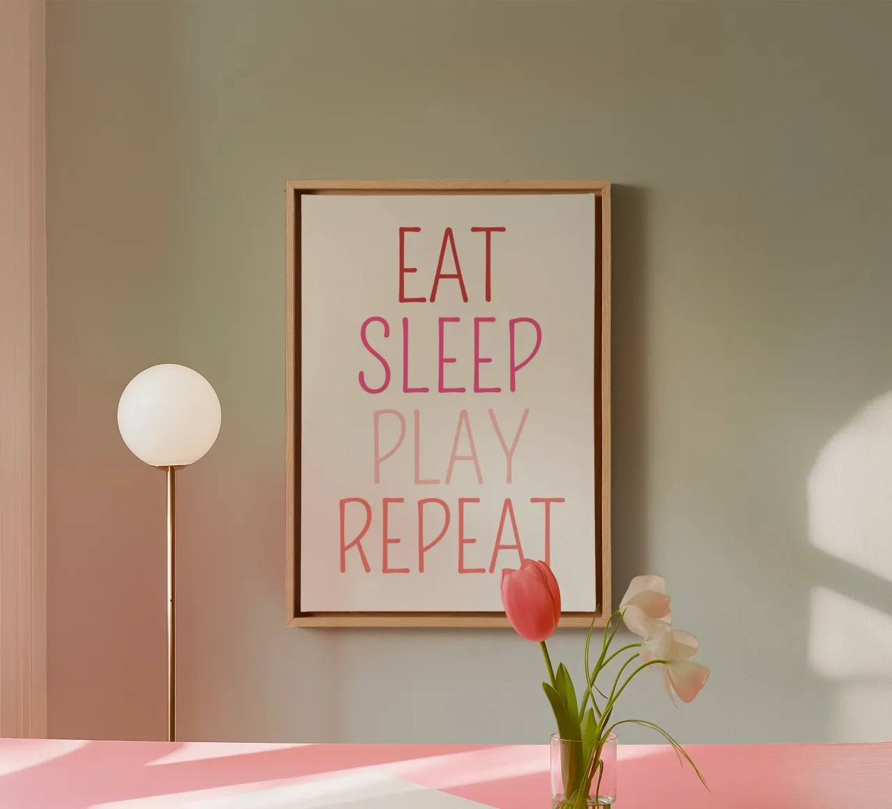 "Eat Sleep Play Repeat" Zitat Kunstdruck Leinwand mit Schattenfugenrahmen von vintagepod