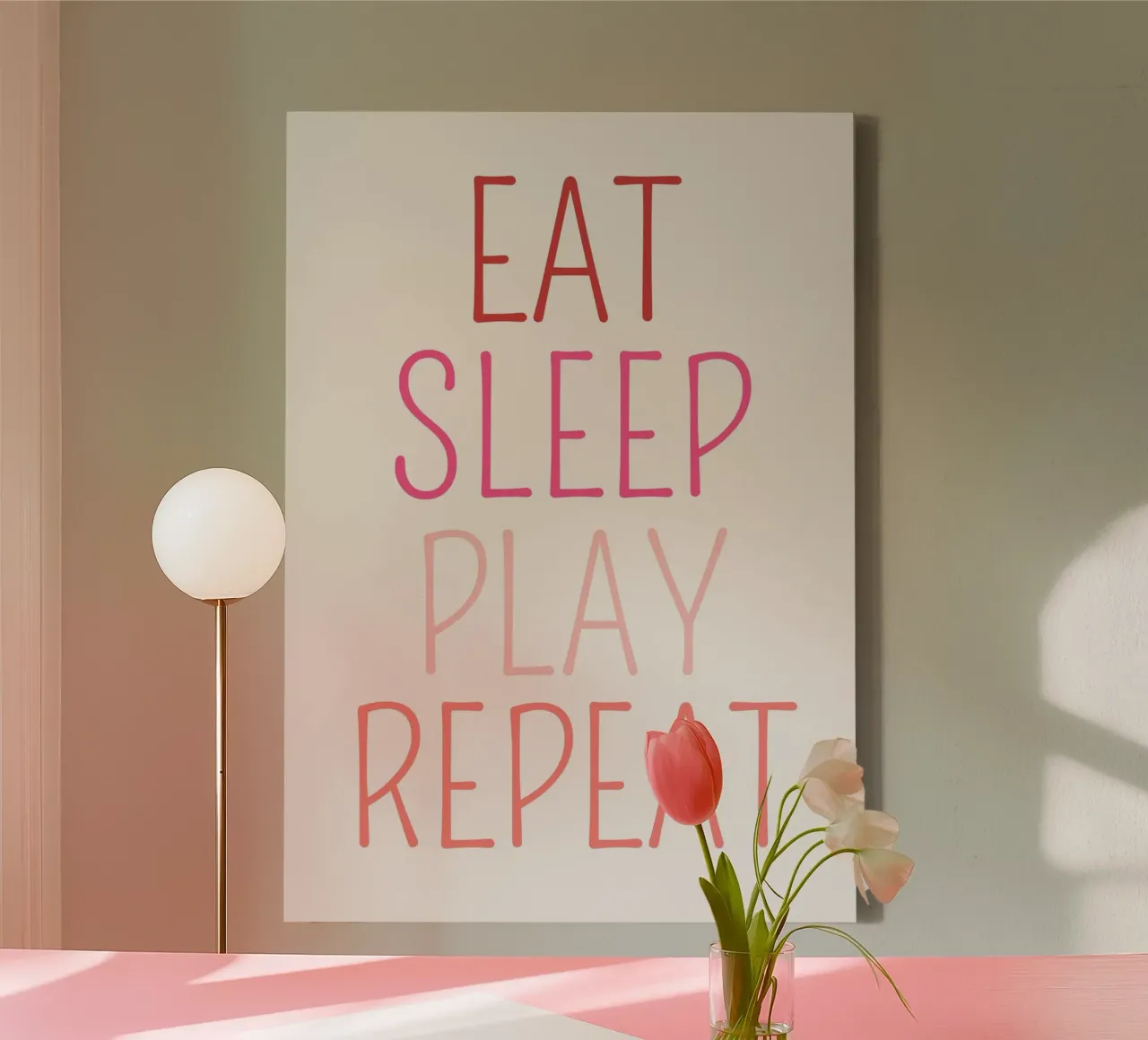 "Eat Sleep Play Repeat" Zitat Kunstdruck Leinwand mit Schattenfugenrahmen von vintagepod