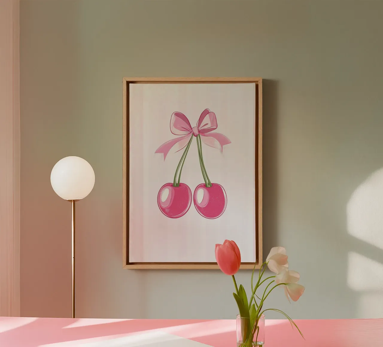 Niedliche rosa Kirschen mit Schleife Kunstdruck Leinwand mit Schattenfugenrahmen von vintagepod