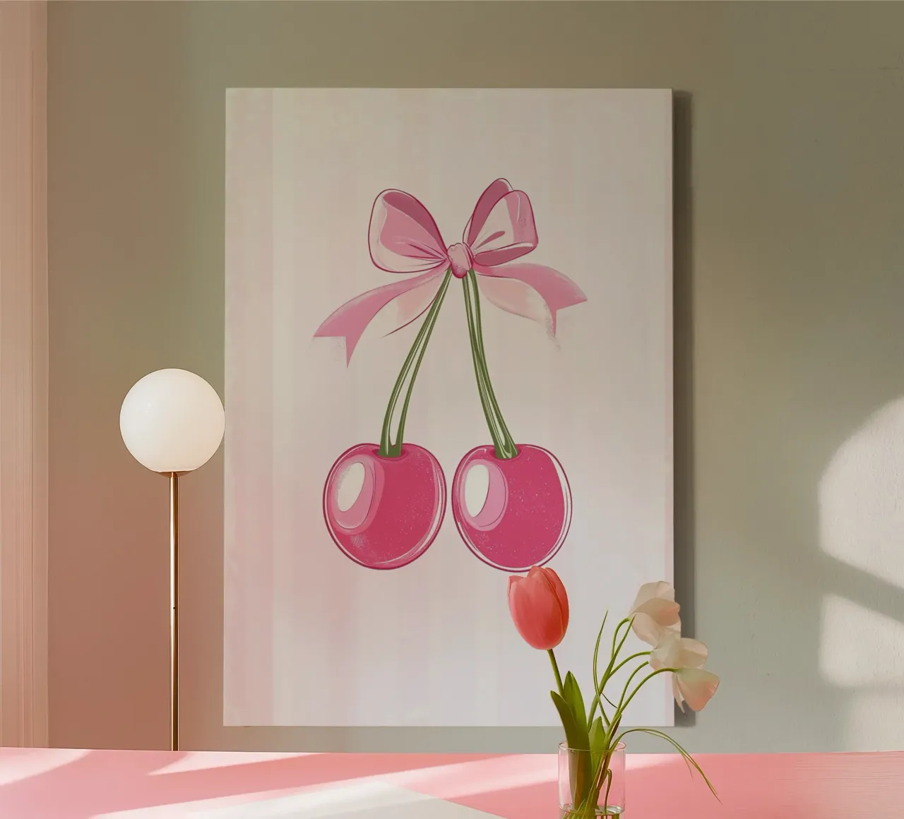 Niedliche rosa Kirschen mit Schleife Kunstdruck Leinwand mit Schattenfugenrahmen von vintagepod