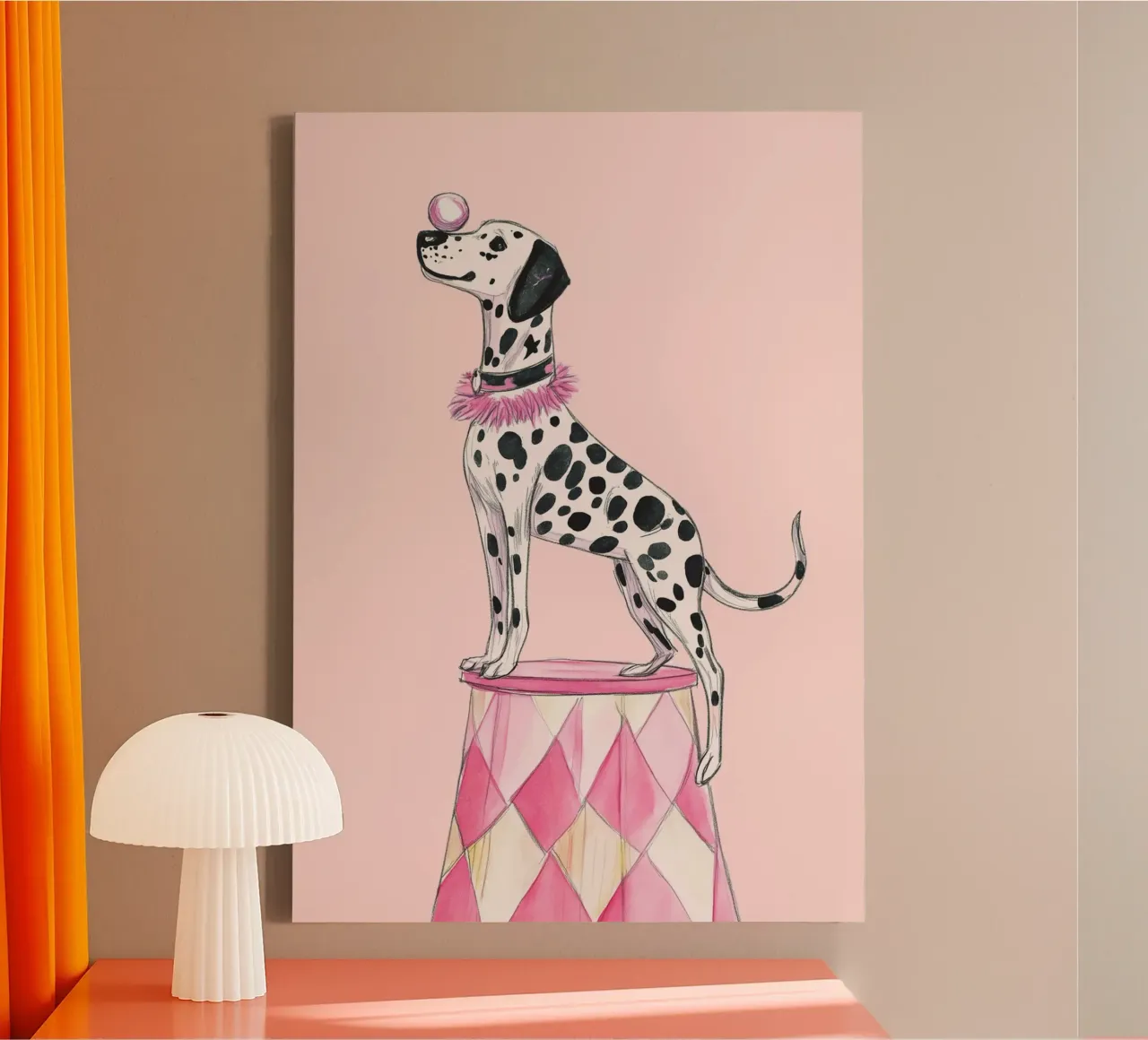 Jonglerende Dalmatiër Circus Kunstdruk, Decor voor kinderen canvas met Baklijst van vintagepod