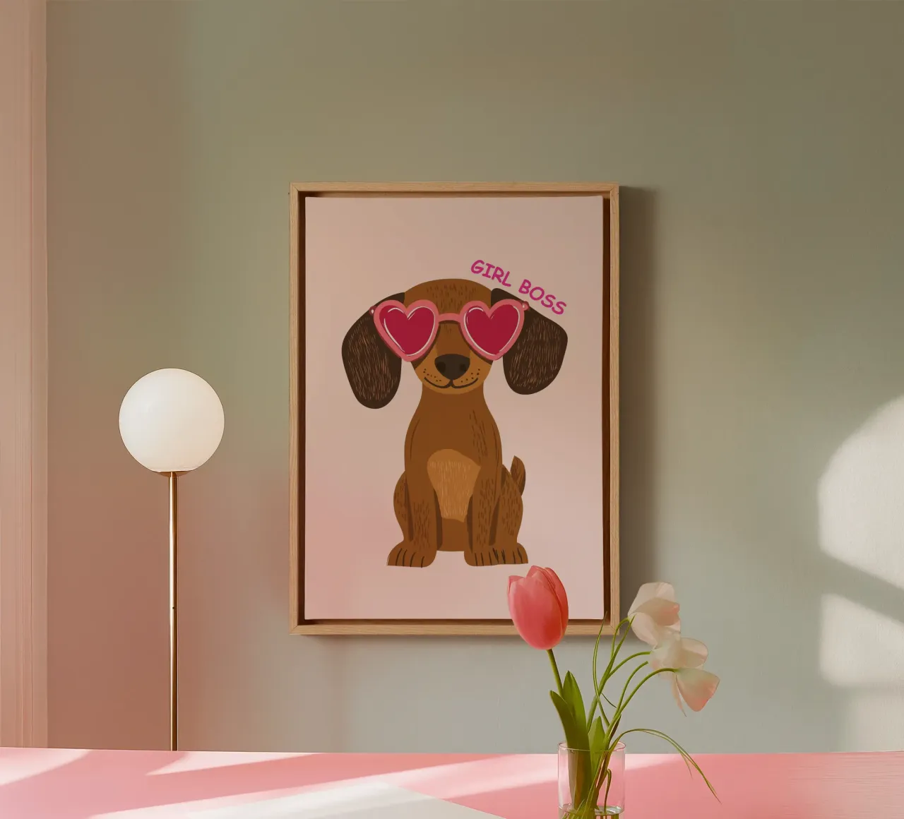 "Girl Boss" teckel kunstdruk, Pink Aesthetic canvas met Baklijst van vintagepod