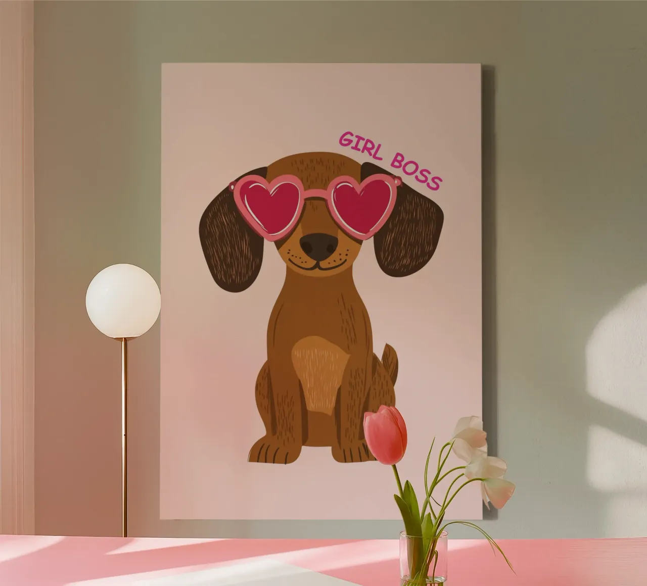 "Girl Boss" teckel kunstdruk, Pink Aesthetic canvas met Baklijst van vintagepod