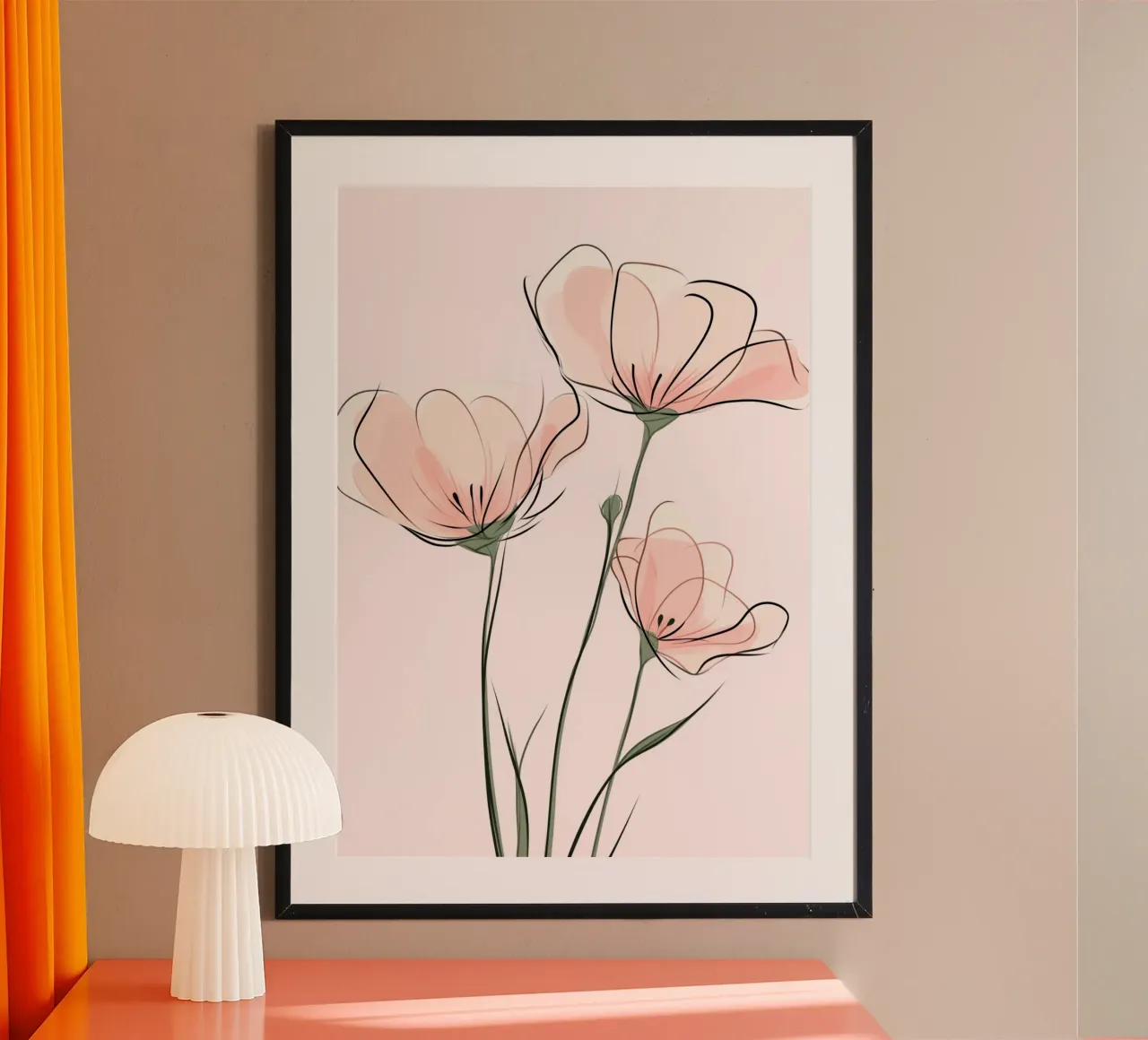 Stampa artistica della linea Eterei papaveri rosa poster con telaio in alluminio da vintagepod