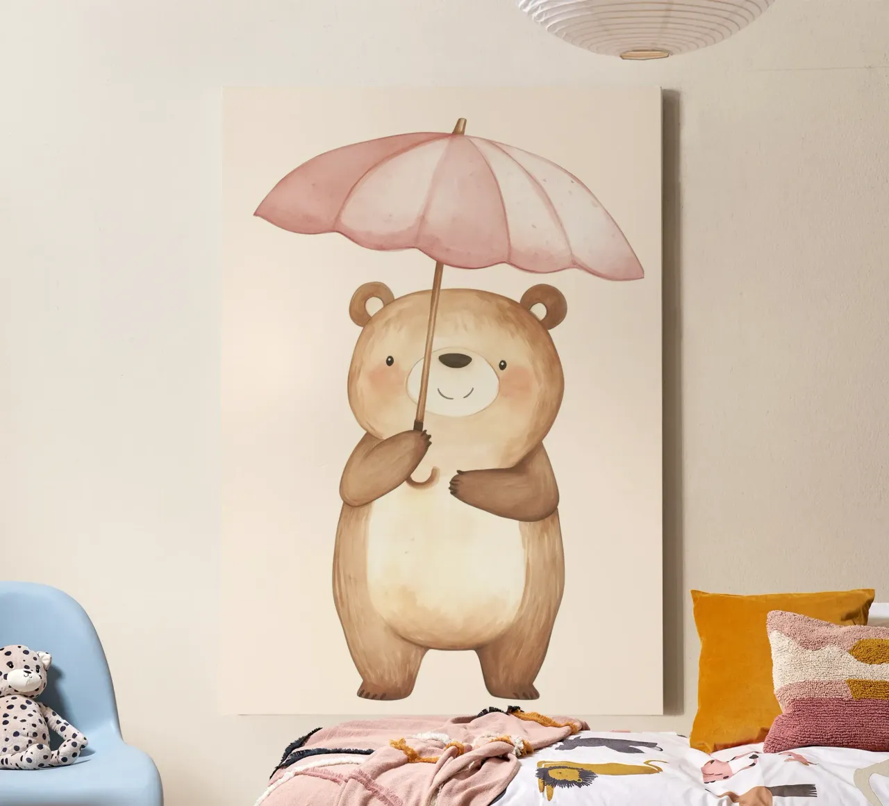 Stampa d'arte di un simpatico orso con ombrello rosa tela con Cornice a cassetta da vintagepod