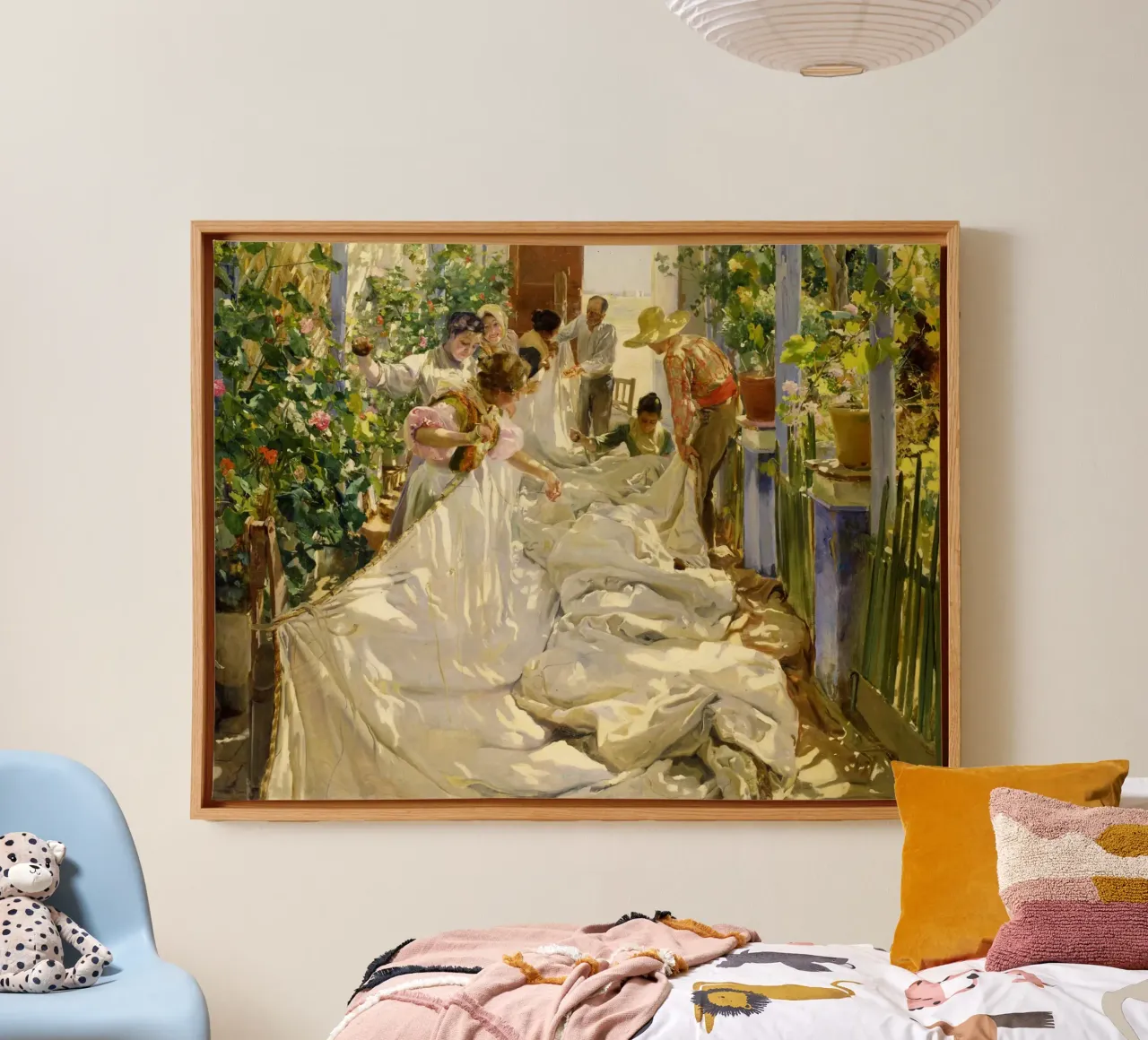 Het zeil naaien - Joaquín Sorolla y Bastida canvas met Baklijst van Jolie Prints