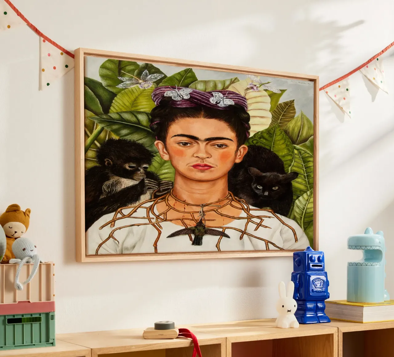 Untitled (Self-Portrait with Thorn Necklace and Hummingbird canvas with Floater frame by Jolie Prints