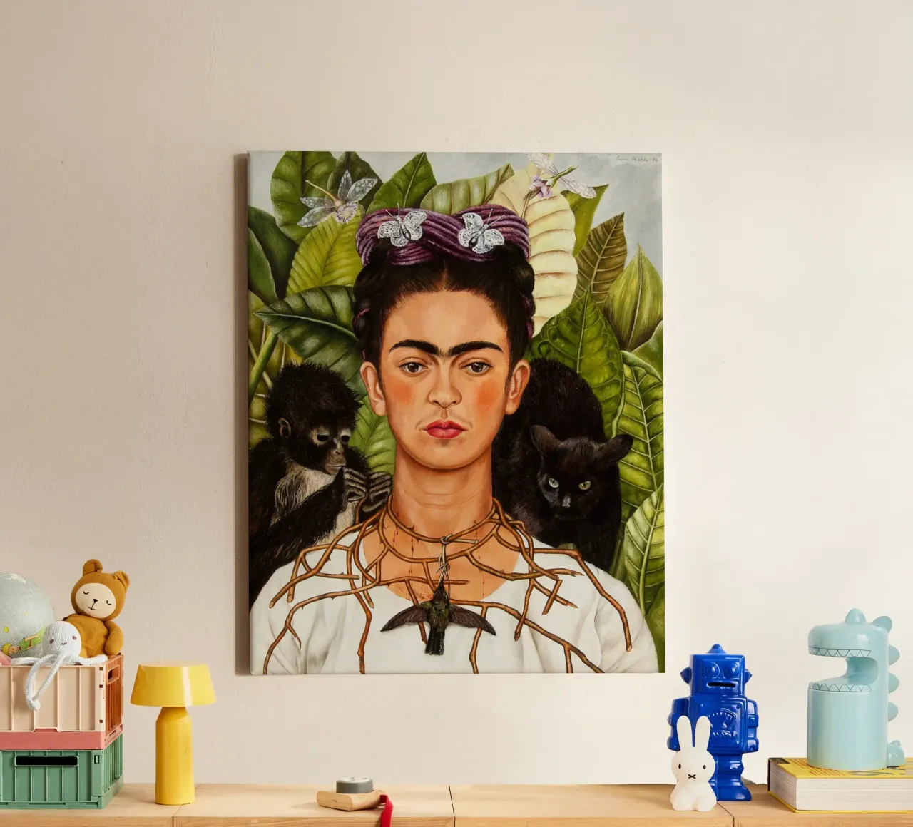 Untitled (Self-Portrait with Thorn Necklace and Hummingbird canvas with Floater frame by Jolie Prints