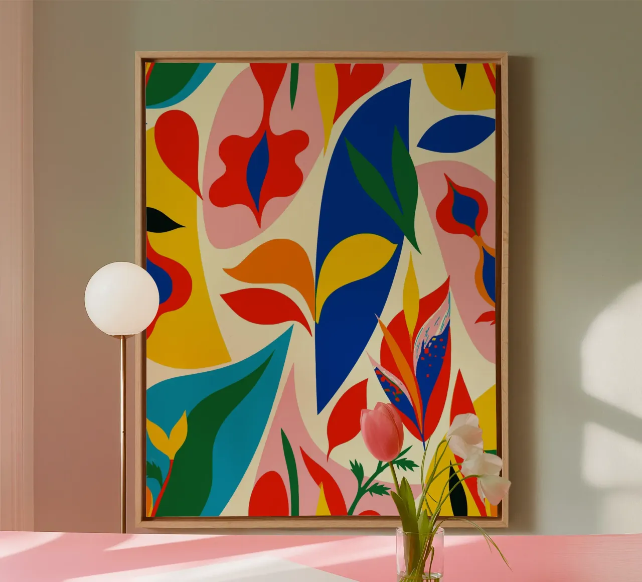 Bunte abstrakte botanische Kunst Tropische Vibes Leinwand mit Schattenfugenrahmen von Abstract and Patterns