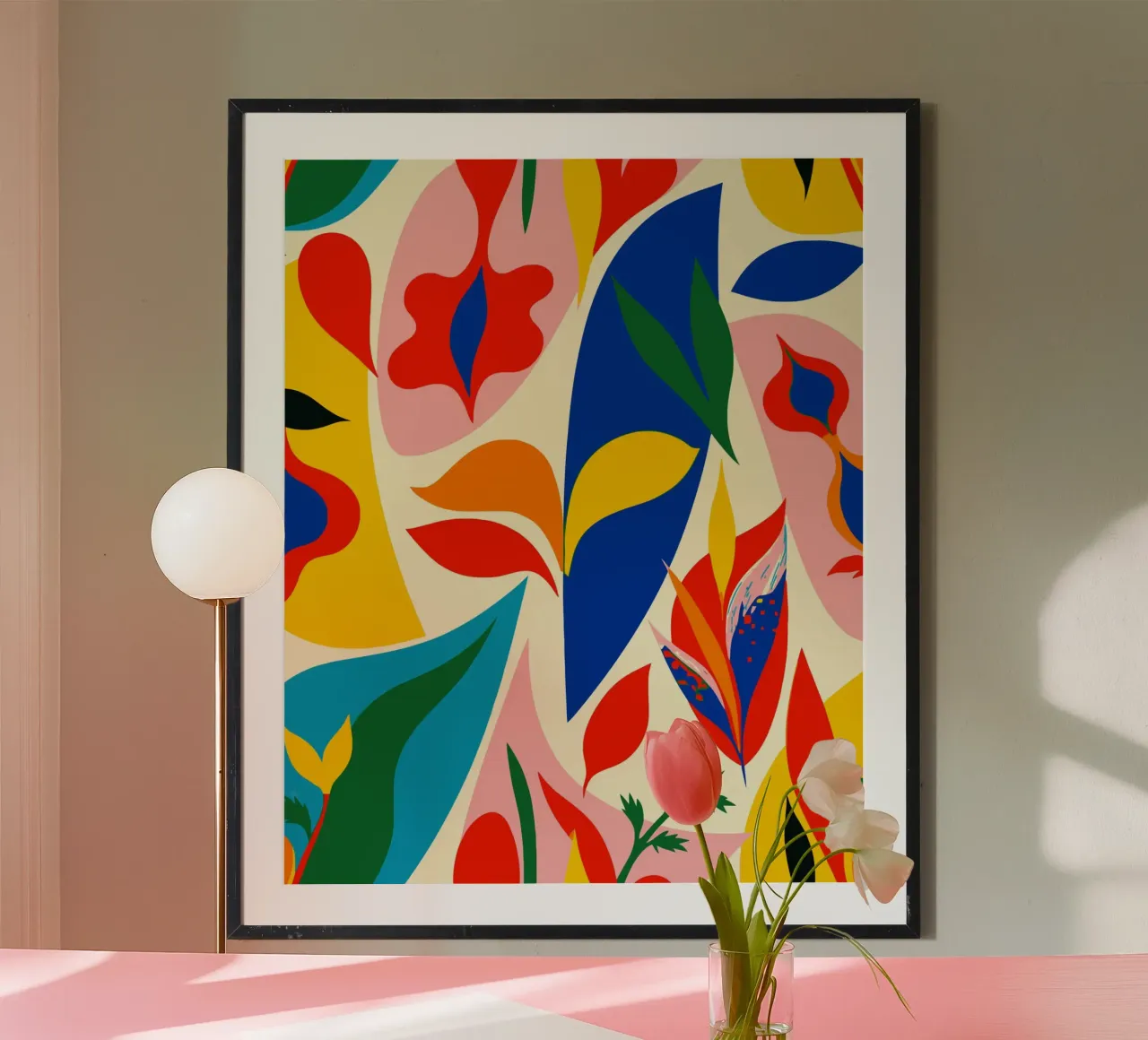 Bunte abstrakte botanische Kunst Tropische Vibes Poster mit Kunststoffrahmen von Abstract and Patterns
