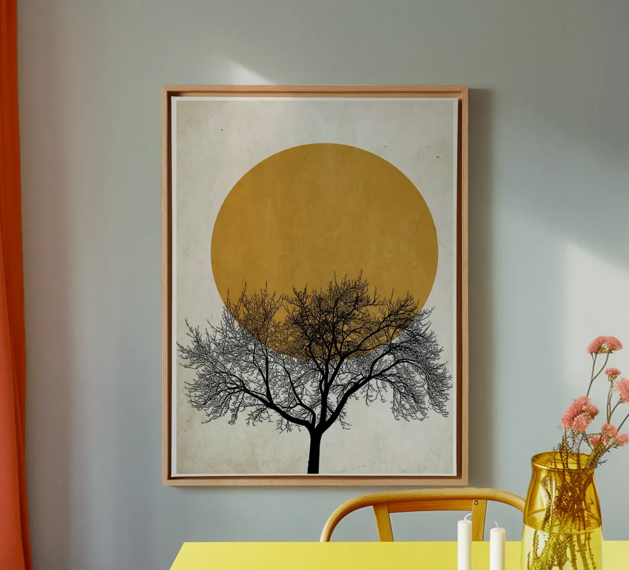 Minimalist Tree and Sun Abstract Poster canvas with Floater frame by maluniq