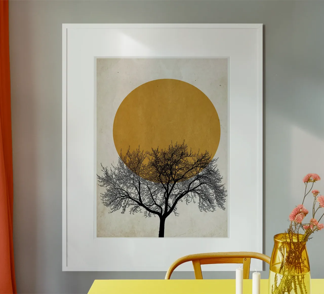 Poster astratto minimalista con albero e sole poster con telaio in legno da maluniq