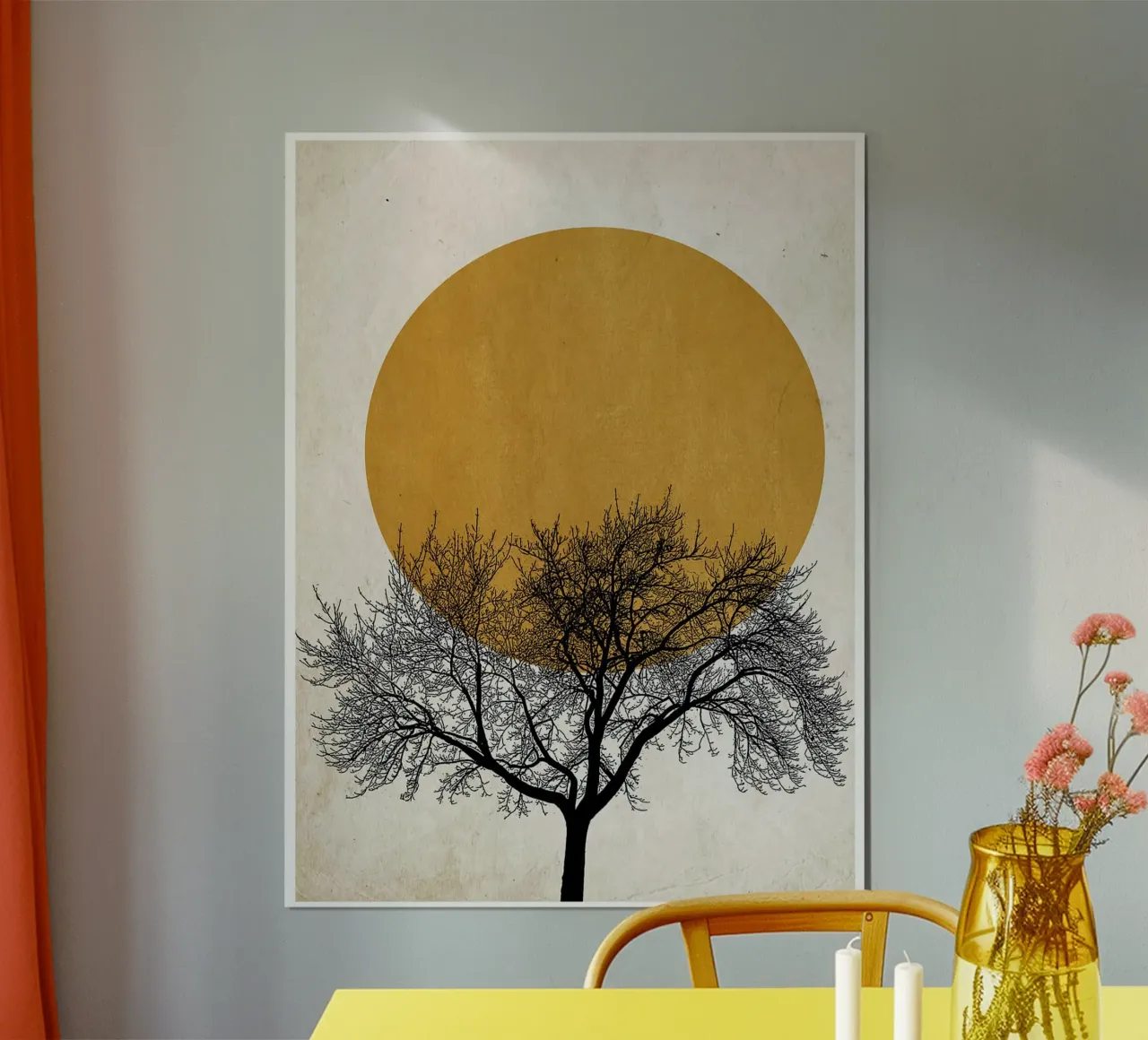 Poster astratto minimalista con albero e sole poster con telaio in legno da maluniq