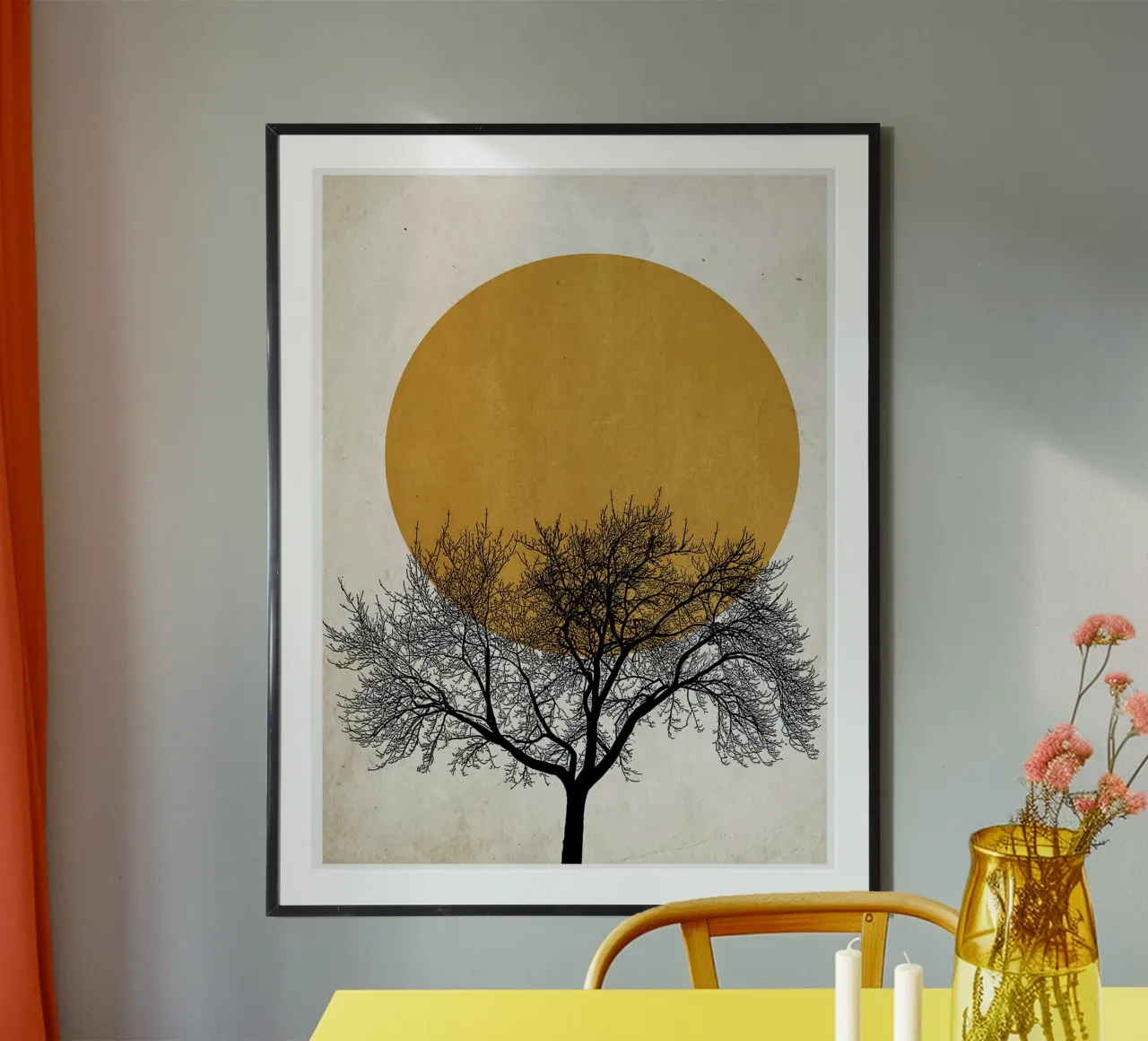 Poster astratto minimalista con albero e sole poster con telaio in legno da maluniq