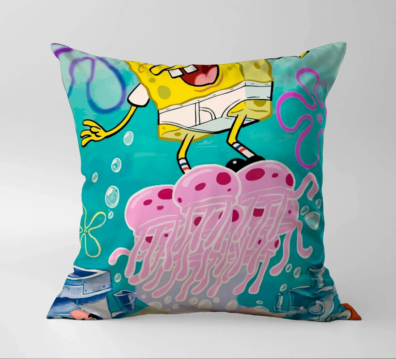 Spongebob riding a jellyfish cuscino da Dumery Art