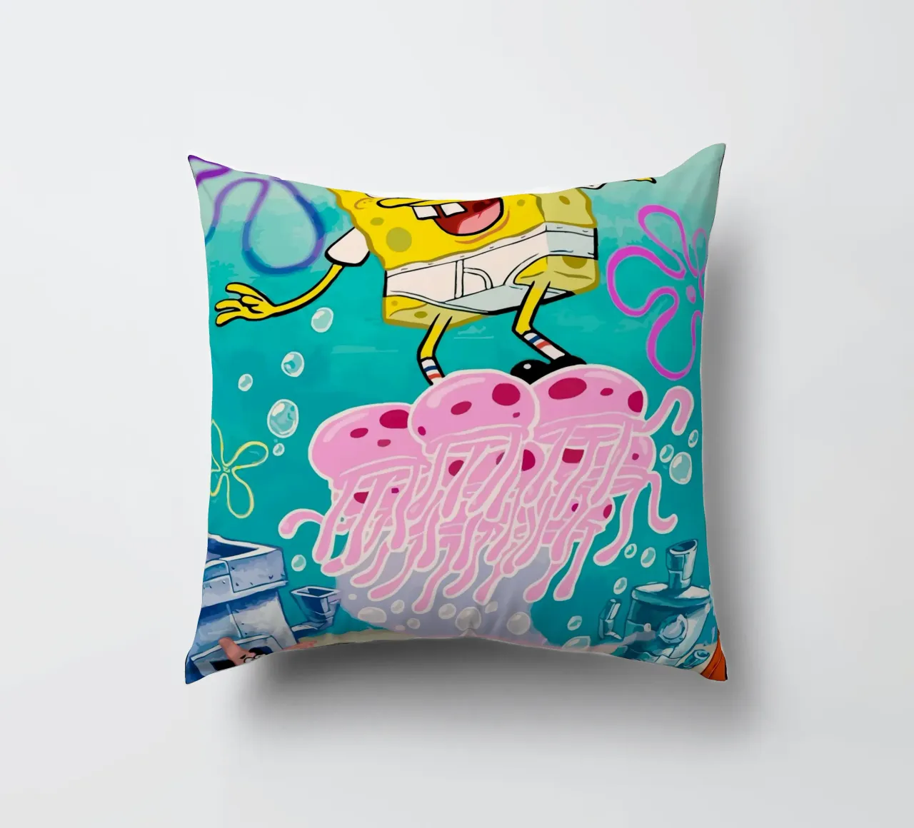 Spongebob riding a jellyfish cuscino da Dumery Art