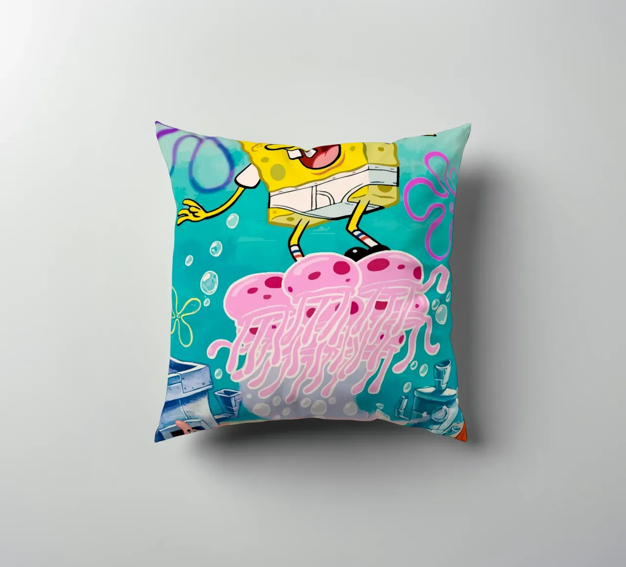 Spongebob riding a jellyfish cuscino da Dumery Art