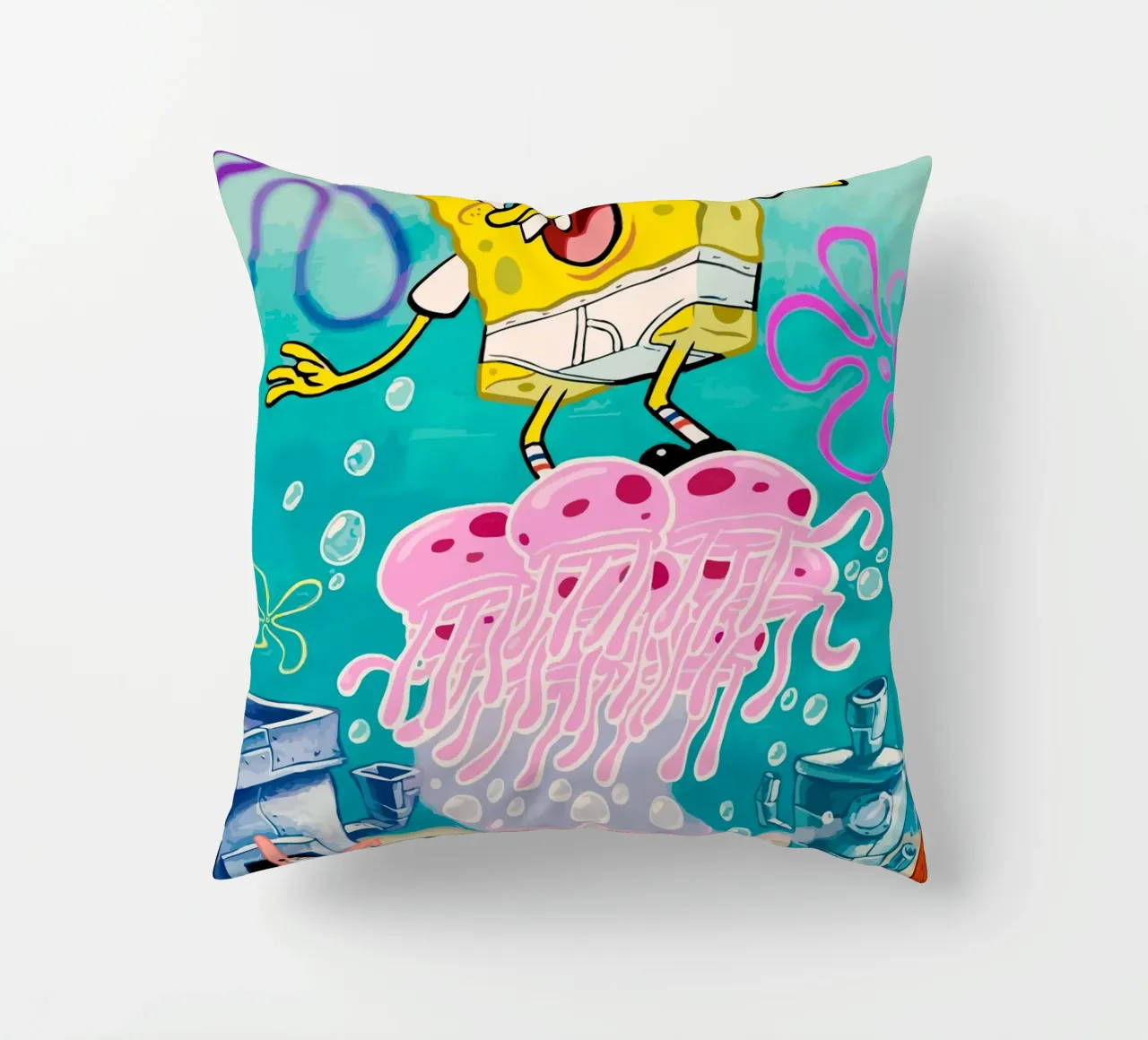 Spongebob riding a jellyfish cuscino da Dumery Art