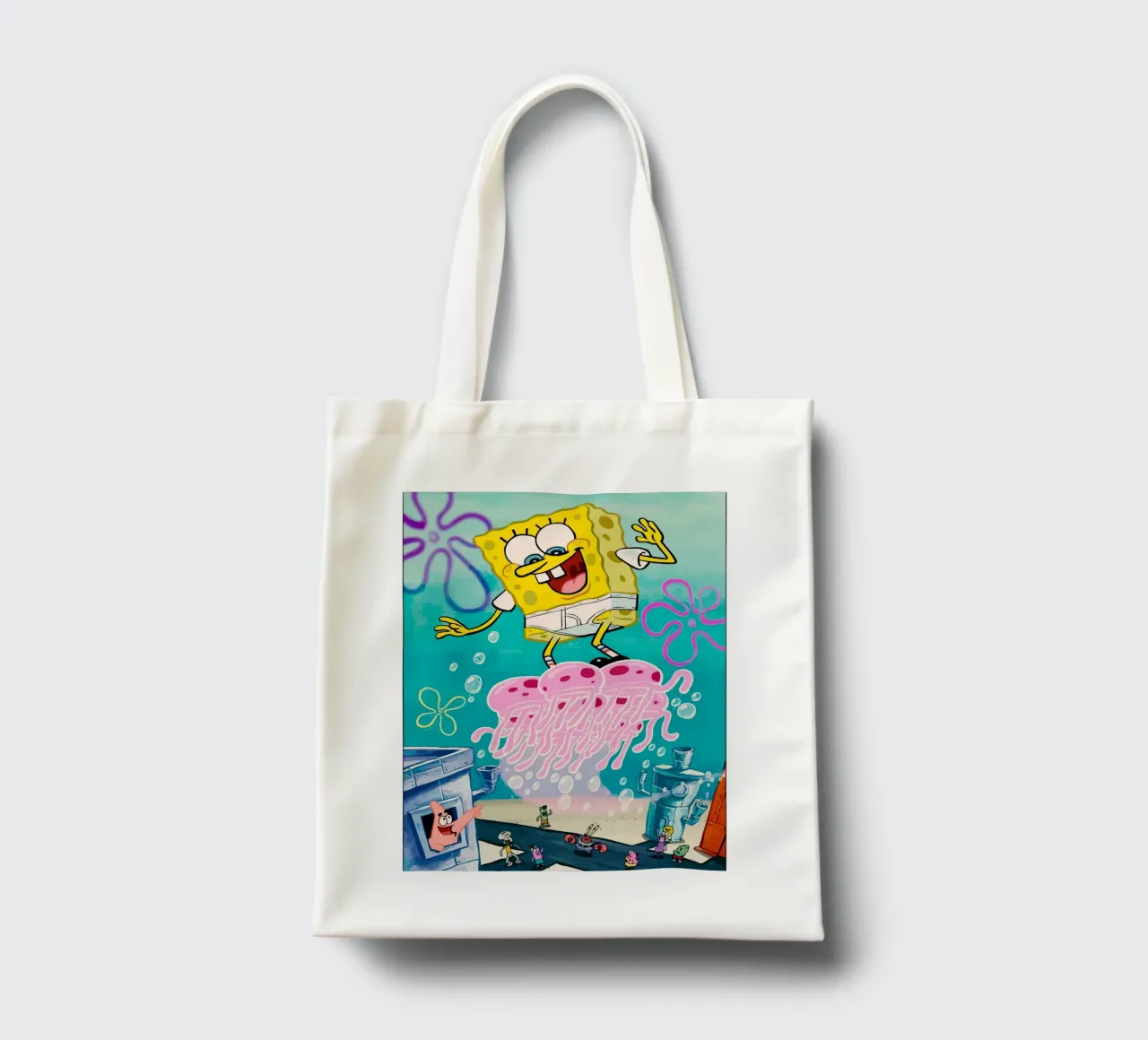 Spongebob riding a jellyfish borsa in juta da Dumery Art