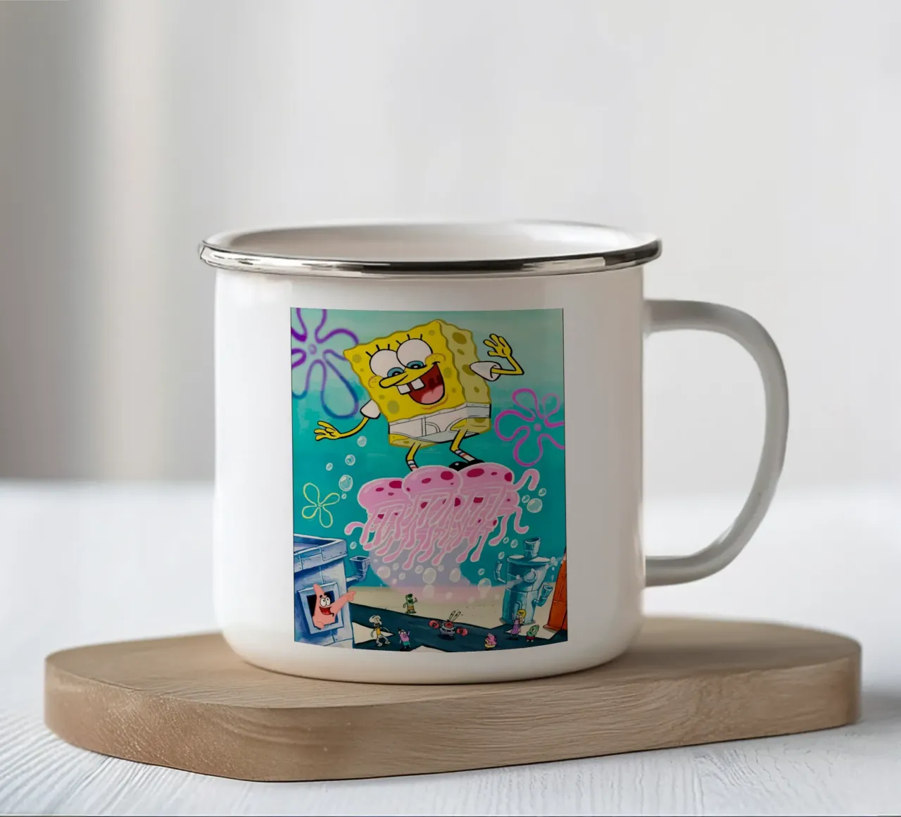 Spongebob riding a jellyfish tazza in smalto da Dumery Art