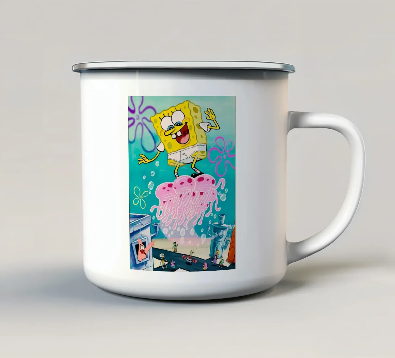 Spongebob riding a jellyfish tazza in smalto da Dumery Art