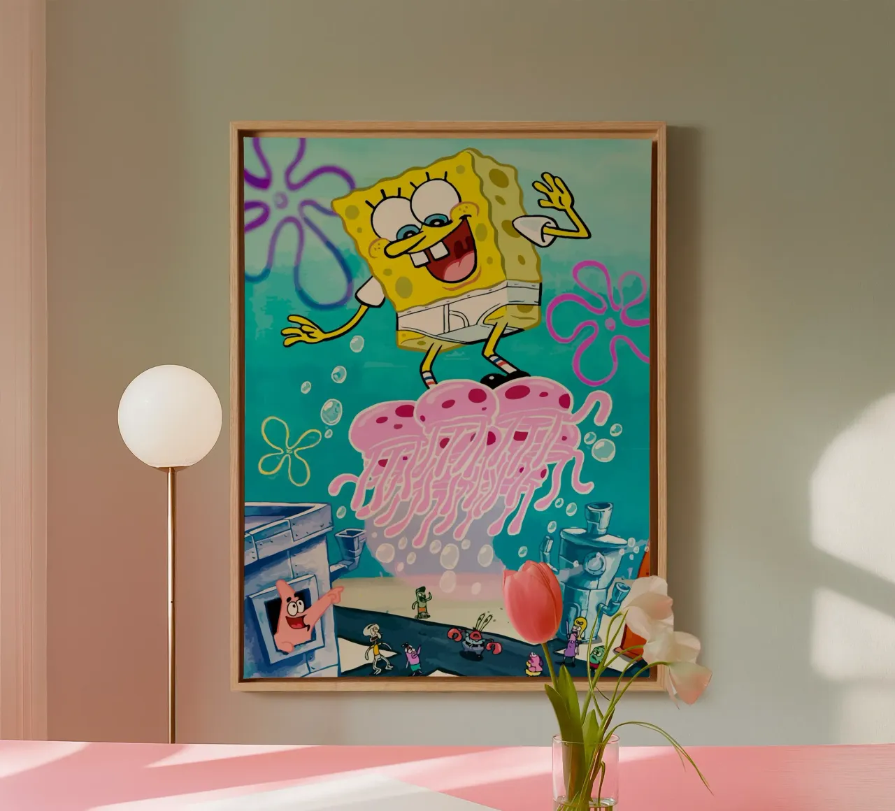 Spongebob riding a jellyfish canvas met Baklijst van Dumery Art