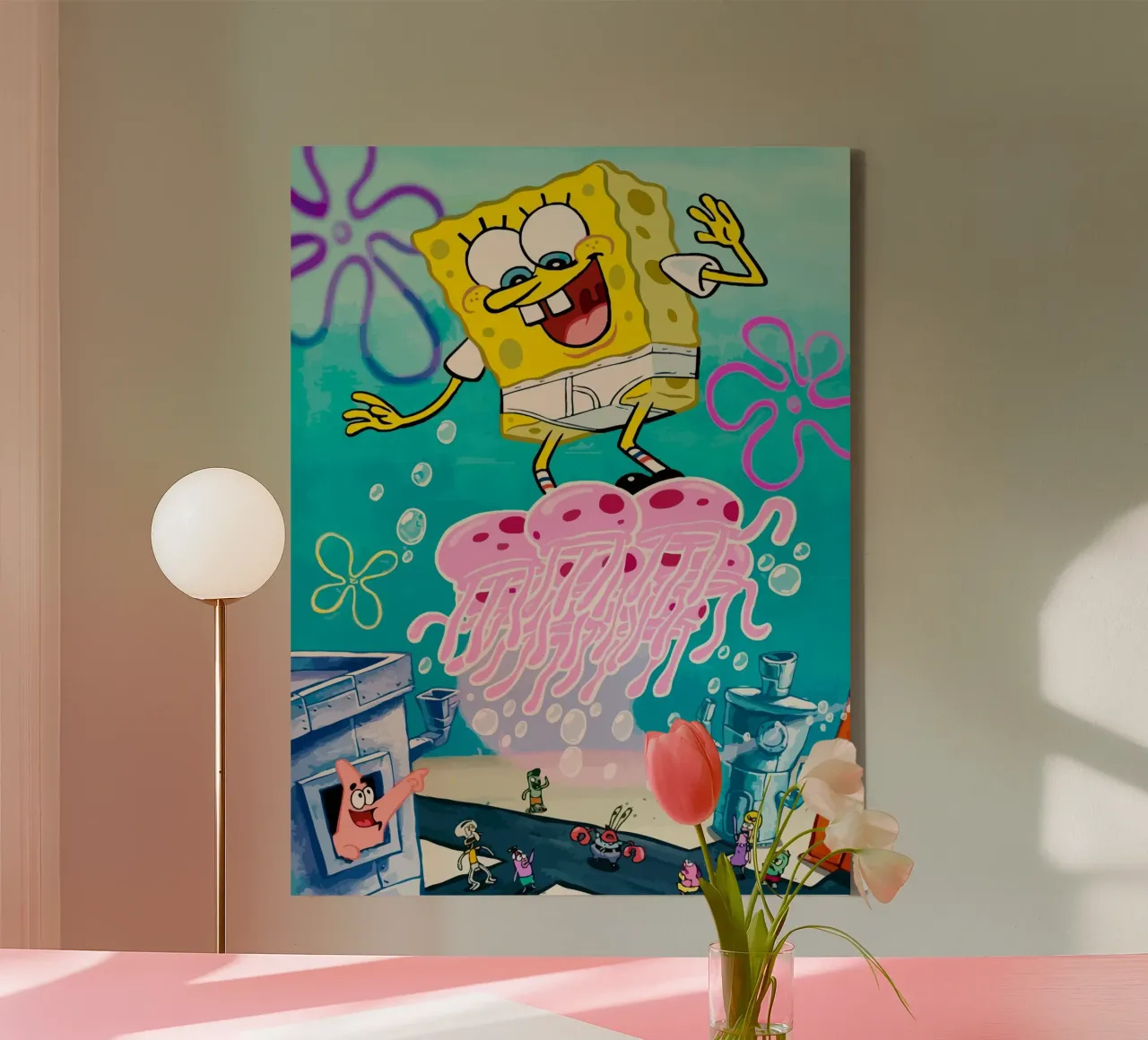 Spongebob riding a jellyfish canvas met Baklijst van Dumery Art