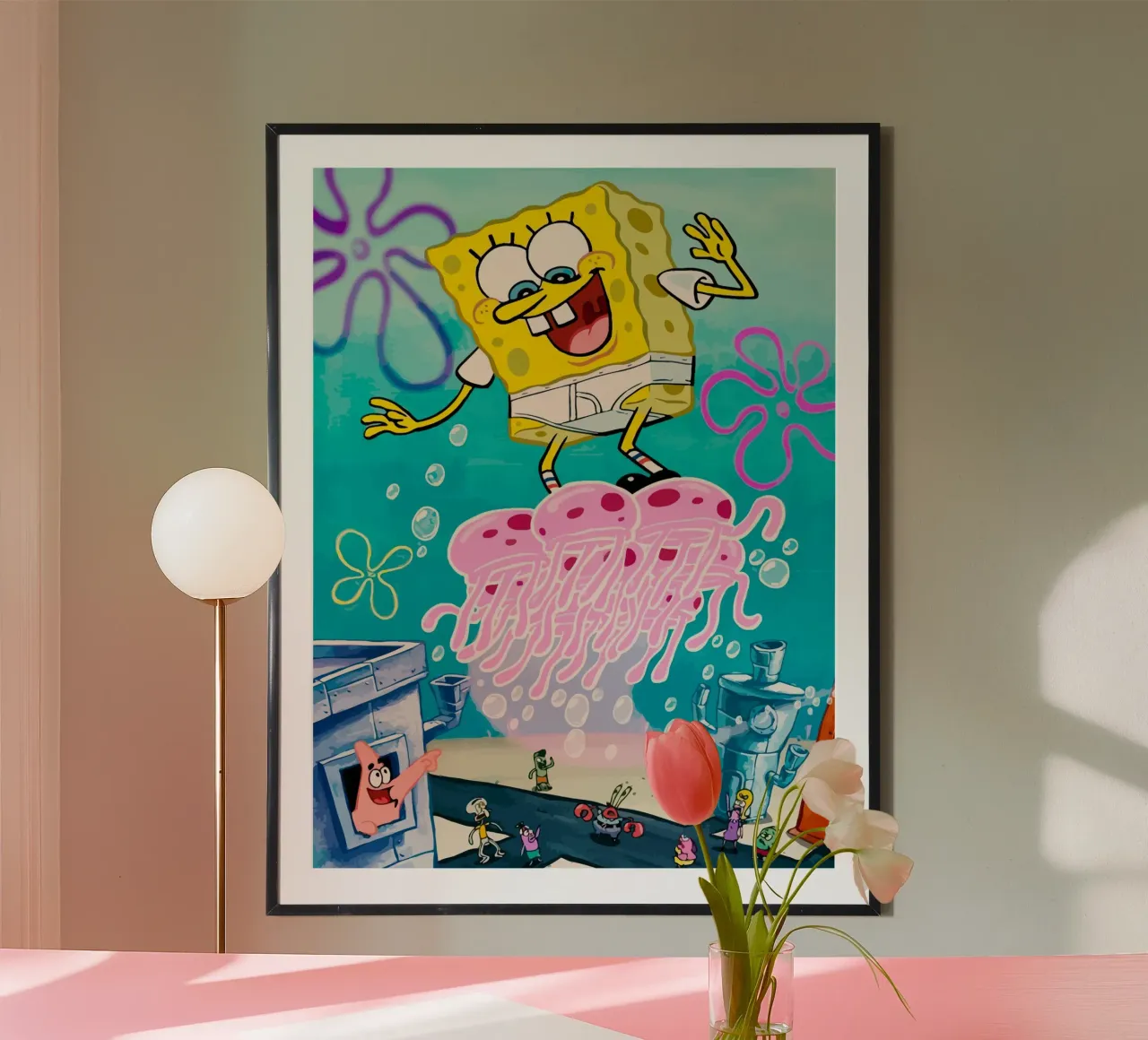 Spongebob riding a jellyfish poster con telaio in alluminio da Dumery Art