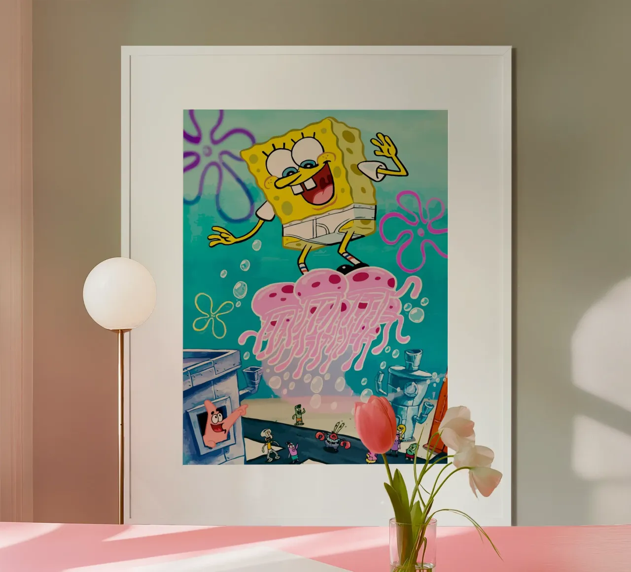 Spongebob riding a jellyfish poster con telaio in alluminio da Dumery Art