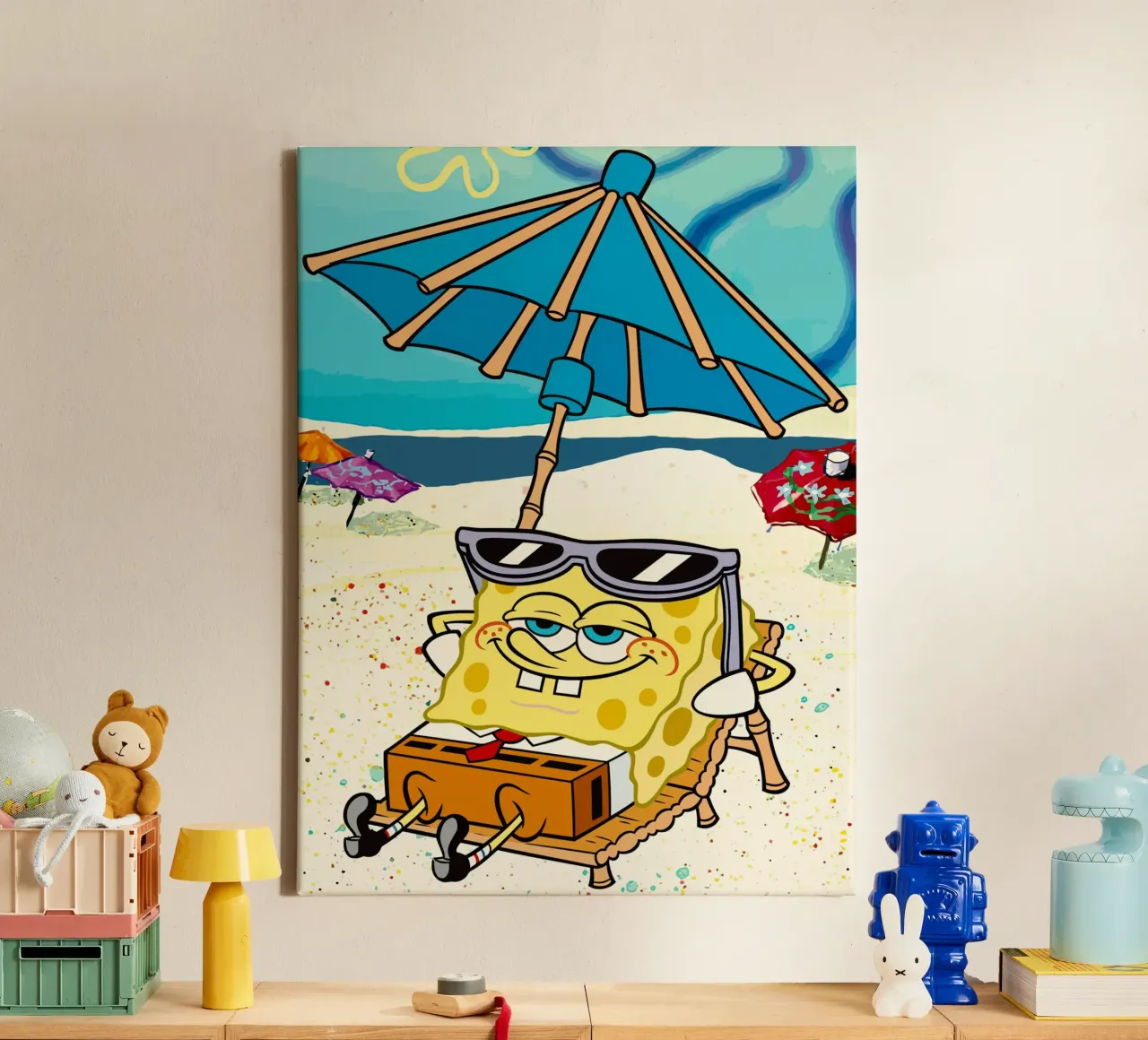 SpongeBob relaxing under an umbrella Leinwand mit Schattenfugenrahmen von Dumery Art