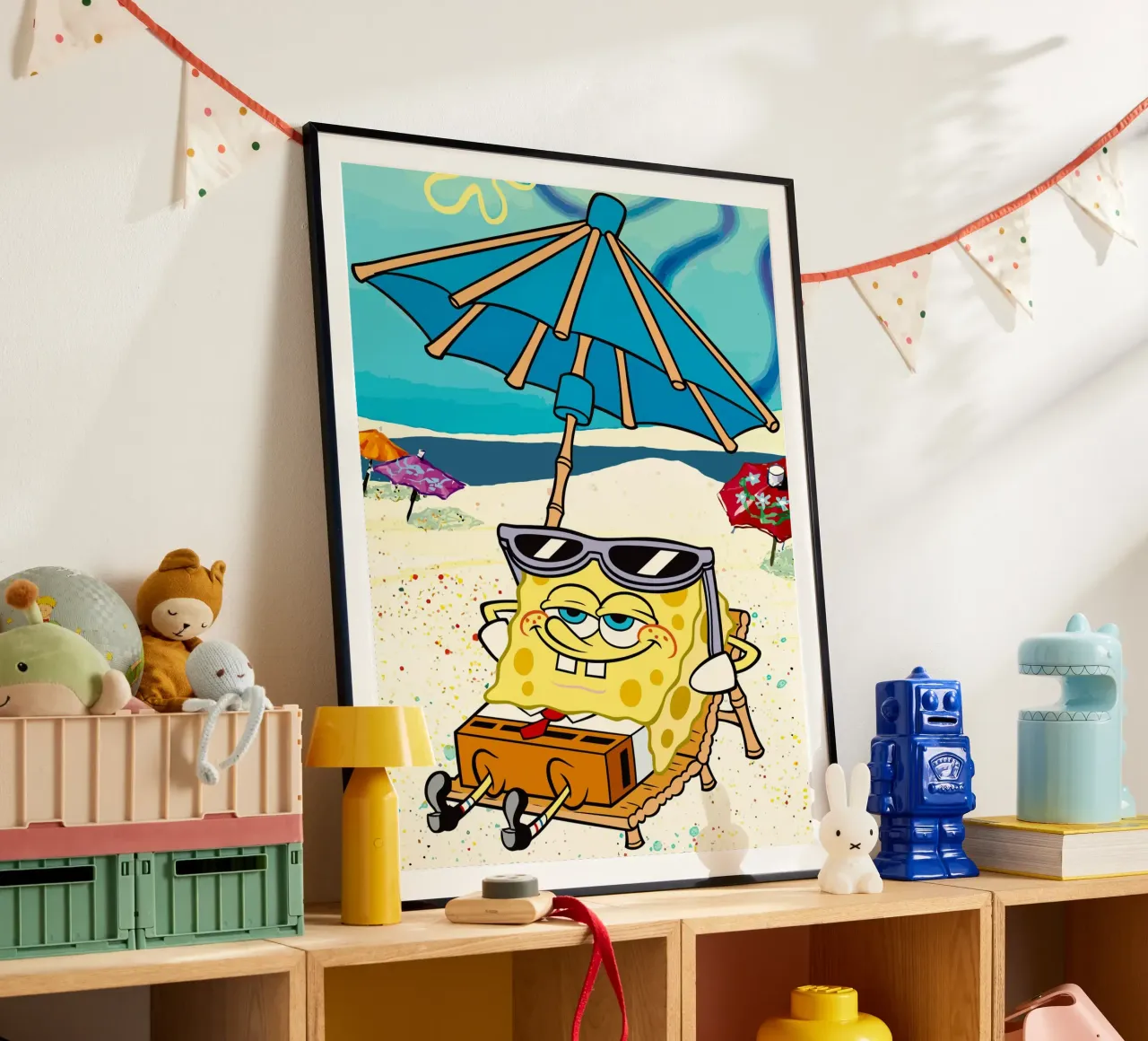 SpongeBob relaxing under an umbrella poster con telaio in legno da Dumery Art