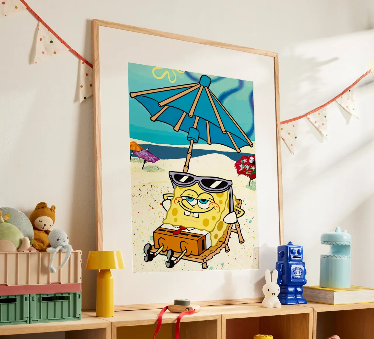 SpongeBob relaxing under an umbrella poster con telaio in legno da Dumery Art