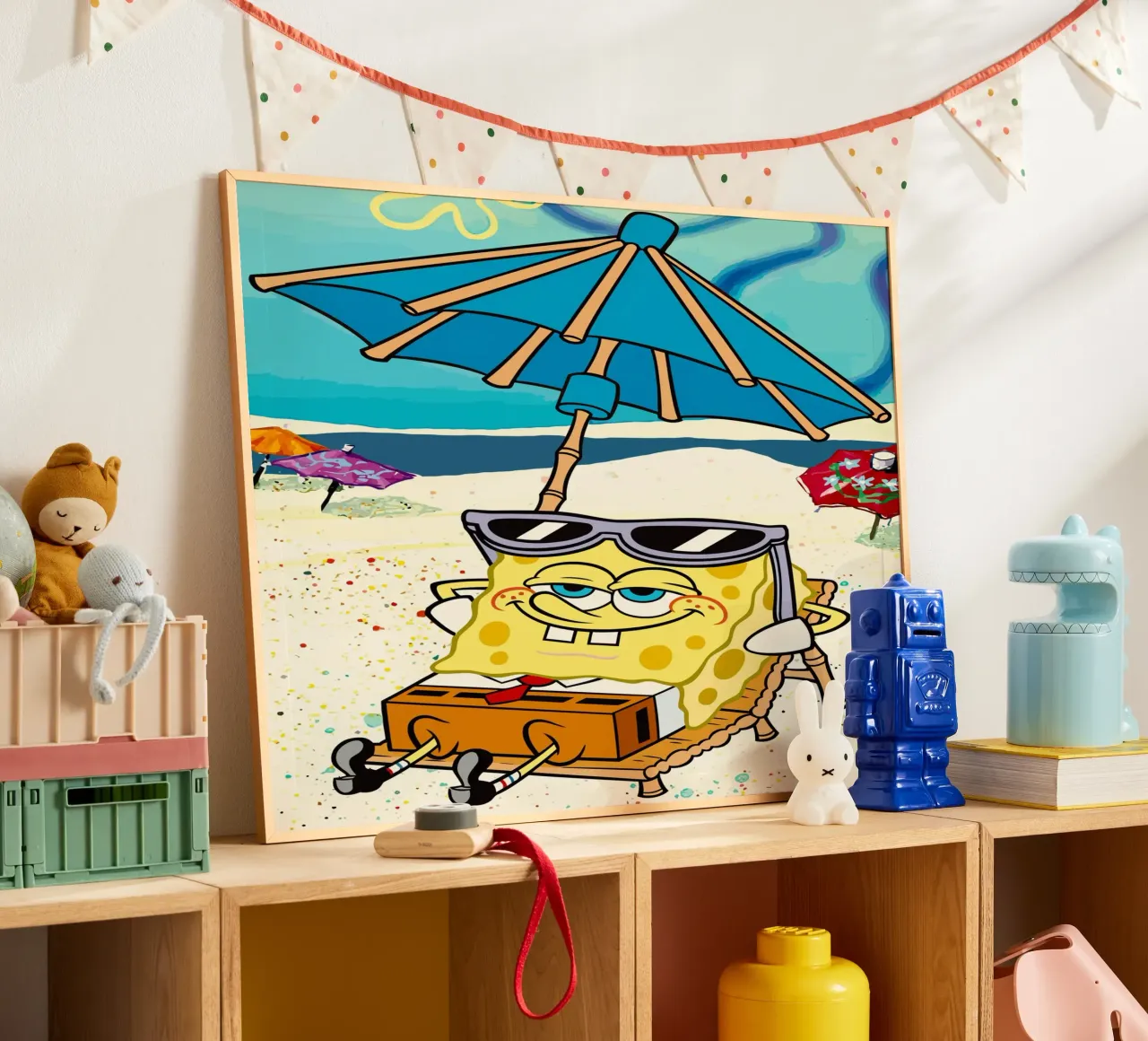 SpongeBob relaxing under an umbrella poster con telaio in legno da Dumery Art