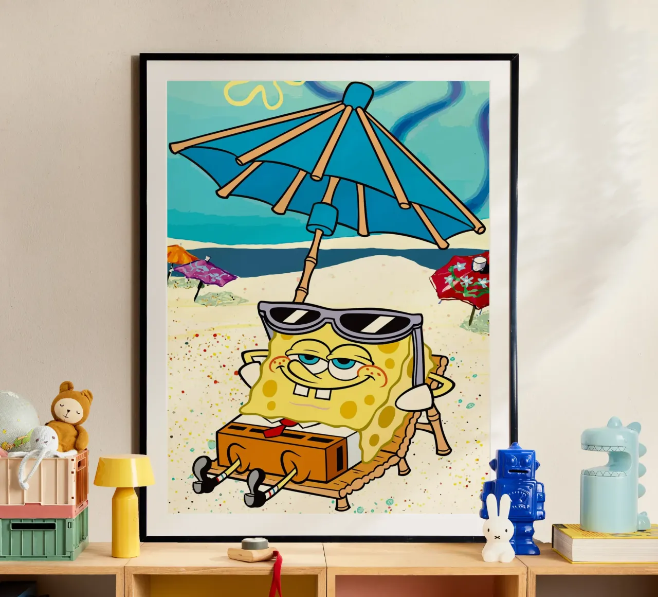 SpongeBob relaxing under an umbrella poster con telaio in legno da Dumery Art