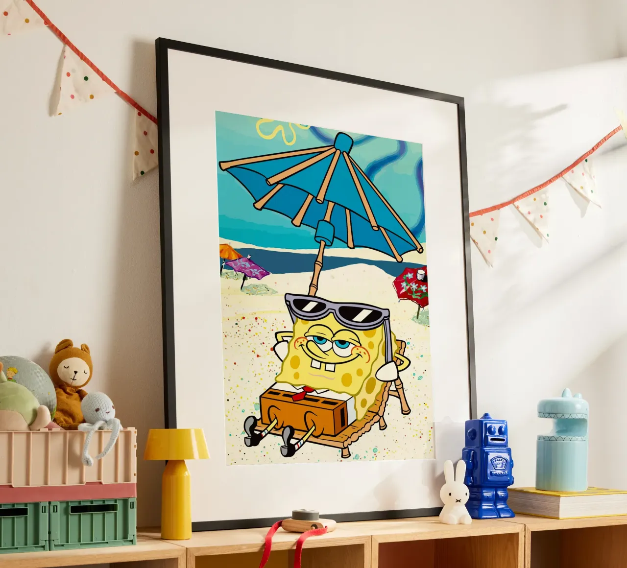 SpongeBob relaxing under an umbrella poster con telaio in legno da Dumery Art