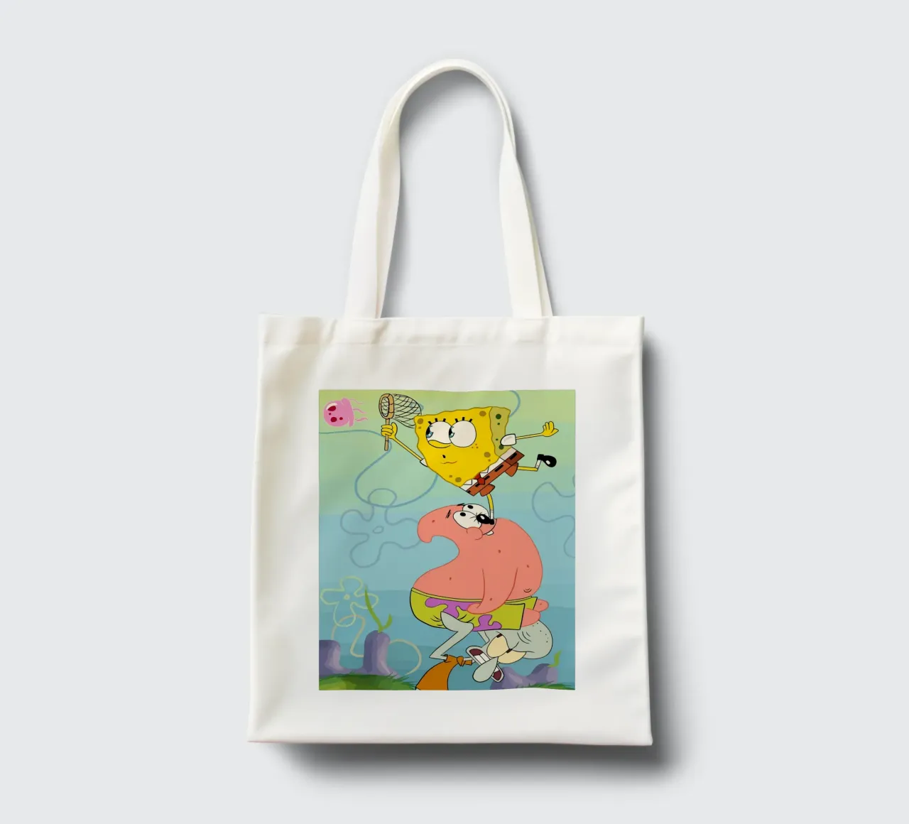 SpongeBob, Patrick, and Squidward work together to catch je borsa in juta da Dumery Art