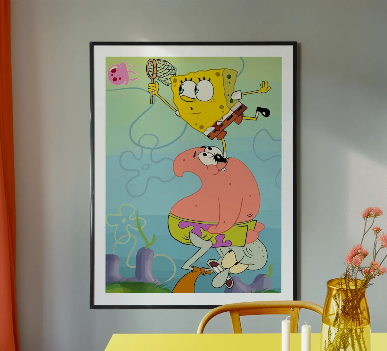 SpongeBob, Patrick, and Squidward work together to catch je poster con telaio in legno da Dumery Art