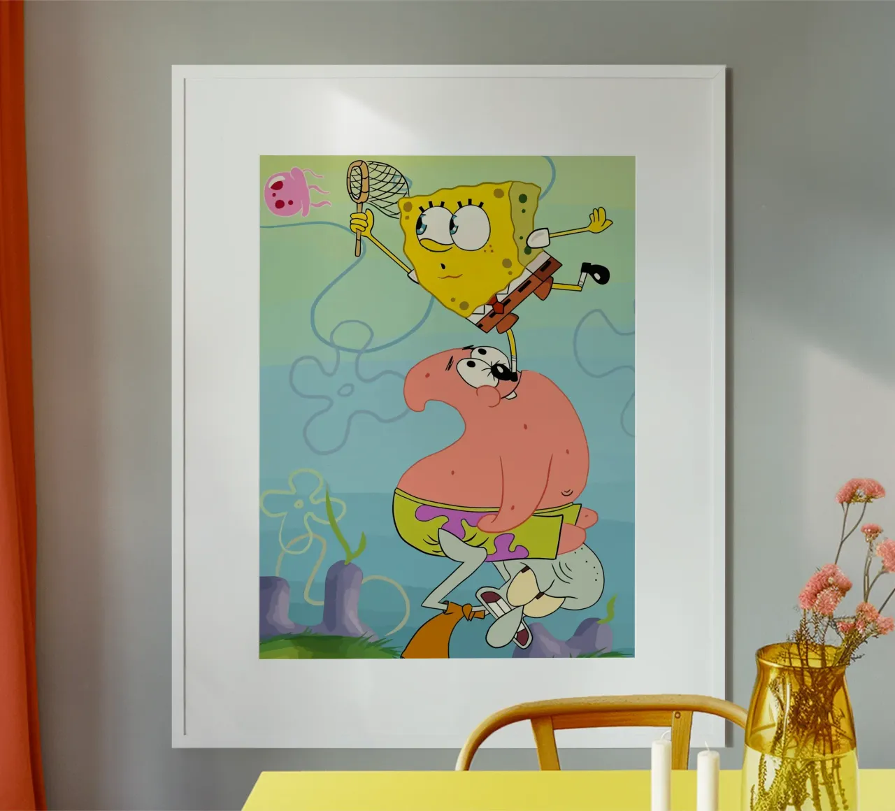 SpongeBob, Patrick, and Squidward work together to catch je poster con telaio in legno da Dumery Art