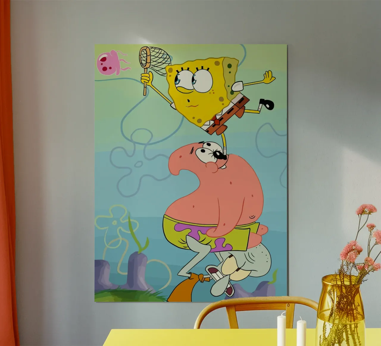 SpongeBob, Patrick, and Squidward work together to catch je poster con telaio in legno da Dumery Art