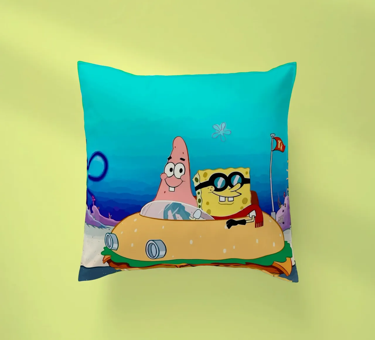 SpongeBob and Patrick ride in a burger car cuscino da Dumery Art