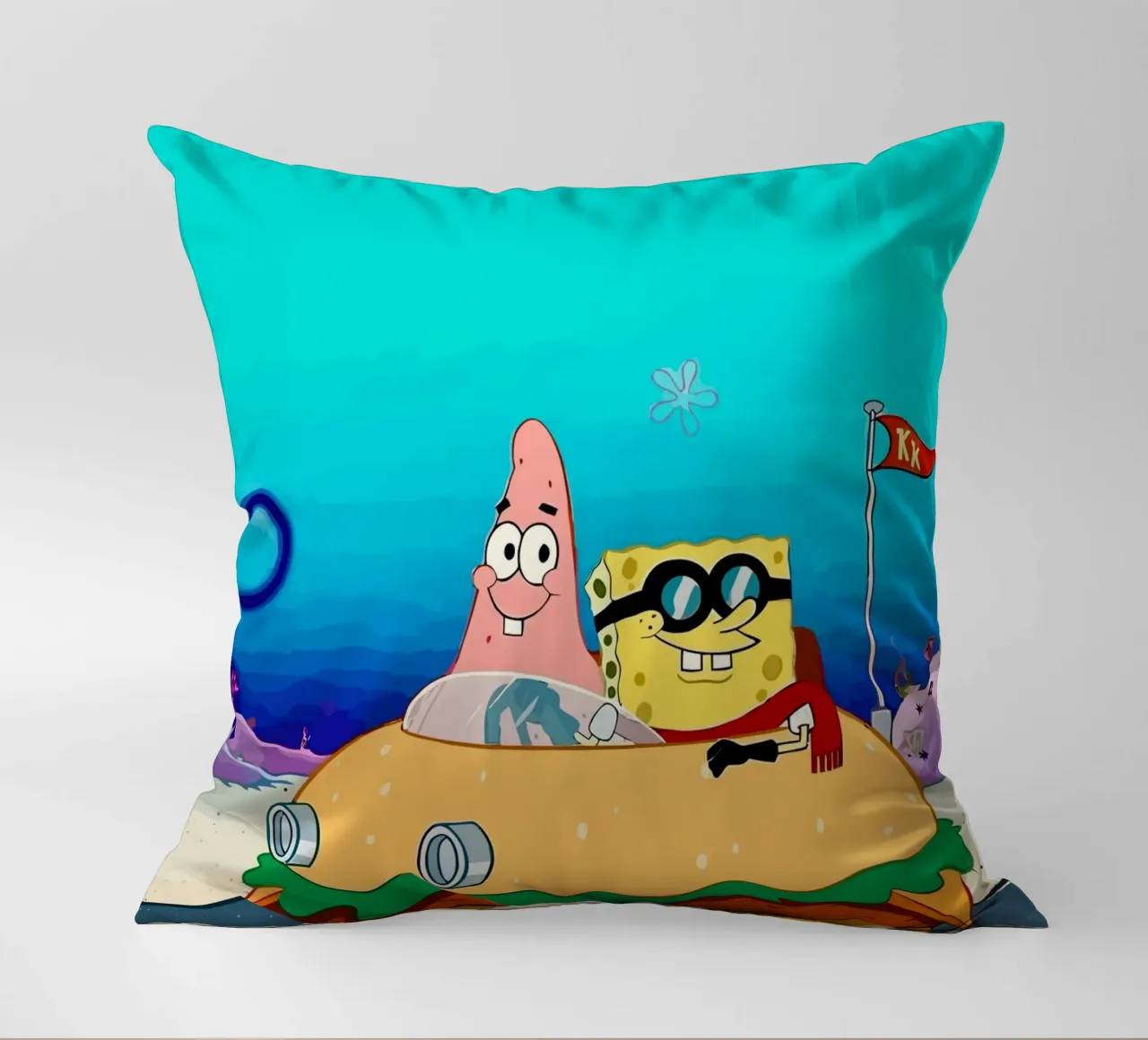 SpongeBob and Patrick ride in a burger car cuscino da Dumery Art