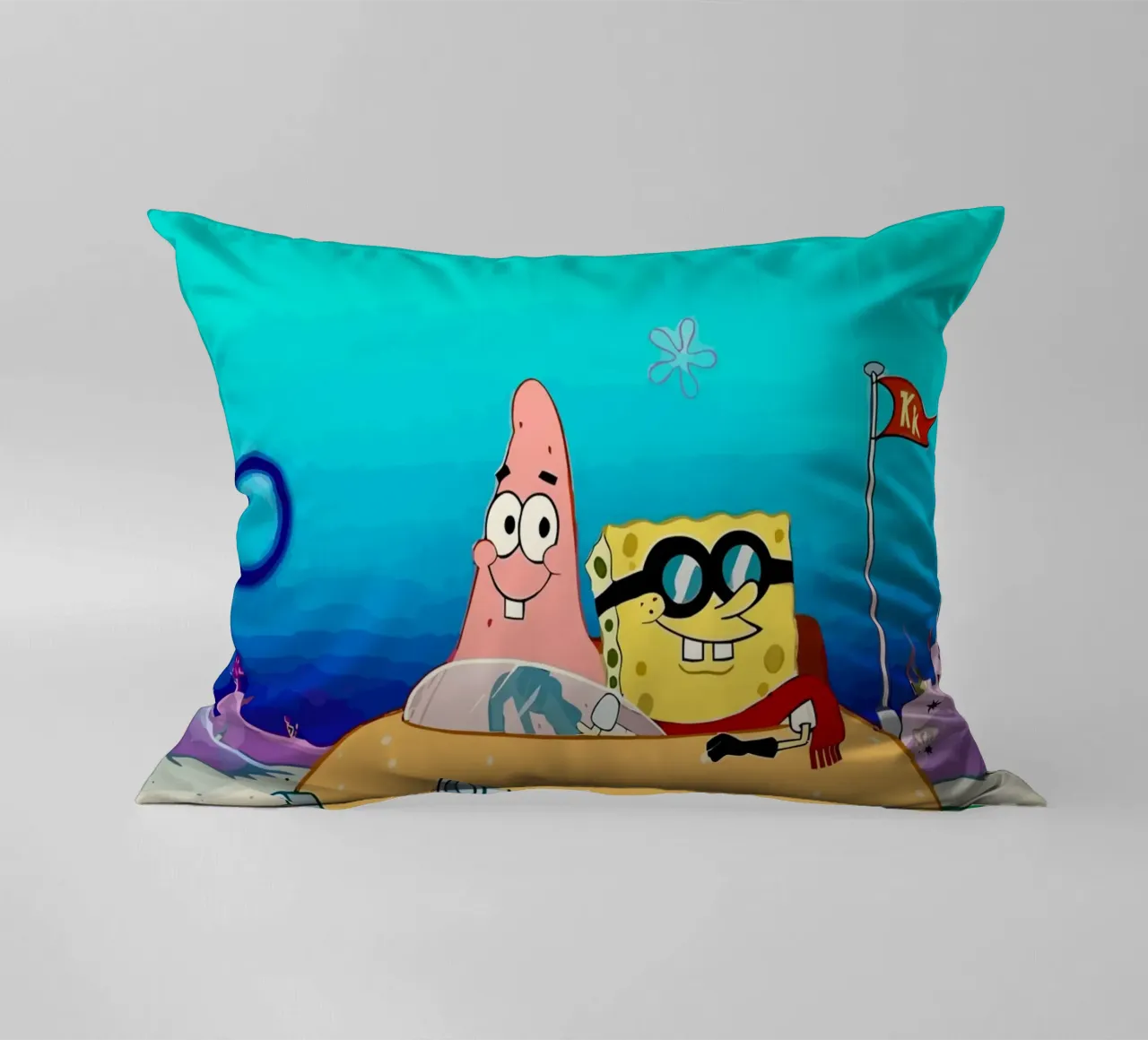 SpongeBob and Patrick ride in a burger car cuscino da Dumery Art