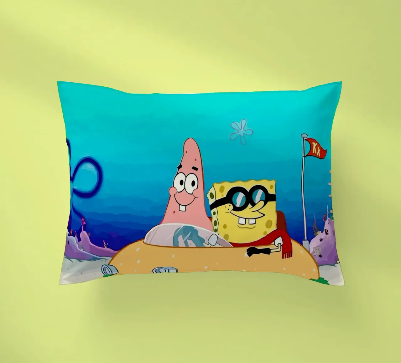 SpongeBob and Patrick ride in a burger car cuscino da Dumery Art