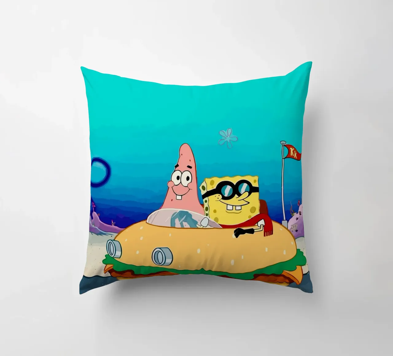 SpongeBob and Patrick ride in a burger car cuscino da Dumery Art