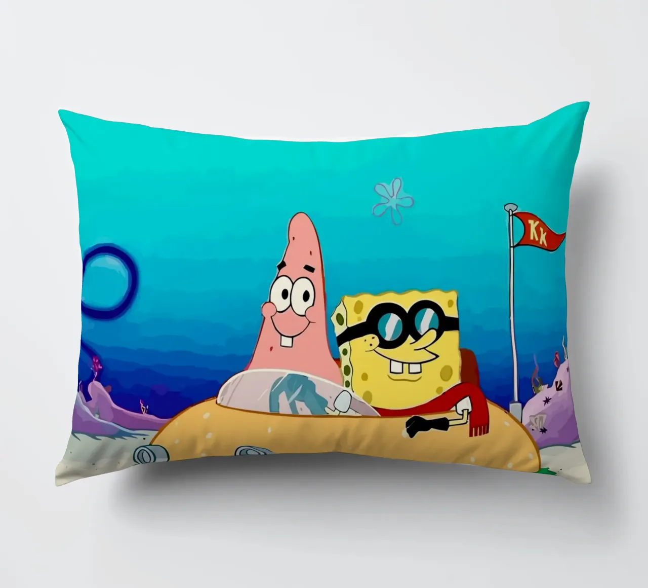 SpongeBob and Patrick ride in a burger car cuscino da Dumery Art