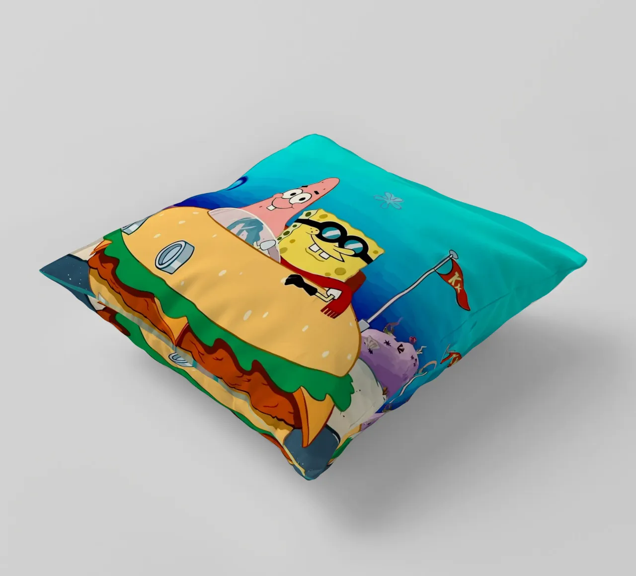 SpongeBob and Patrick ride in a burger car cuscino da Dumery Art