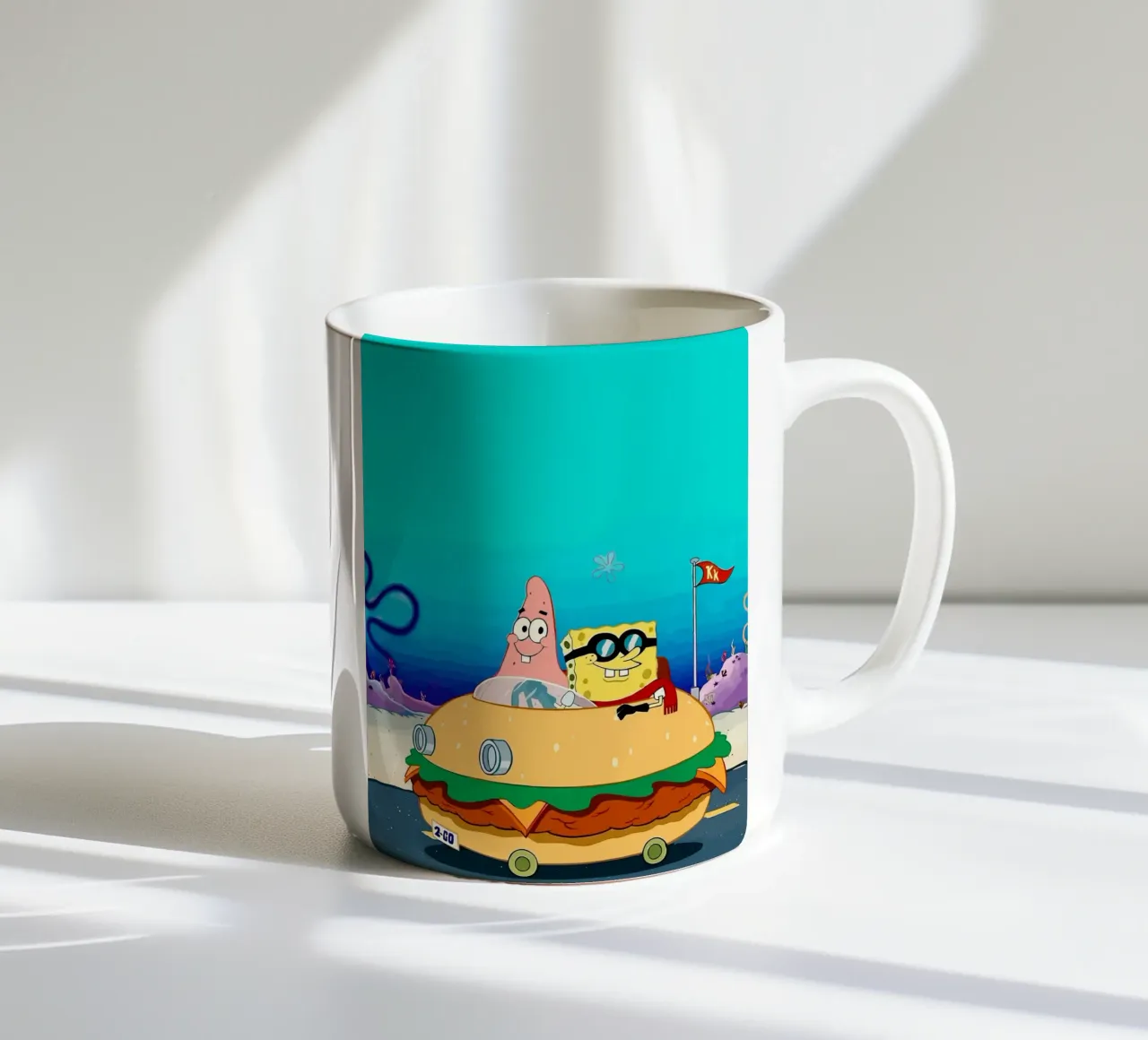 SpongeBob and Patrick ride in a burger car tazza in ceramica da Dumery Art