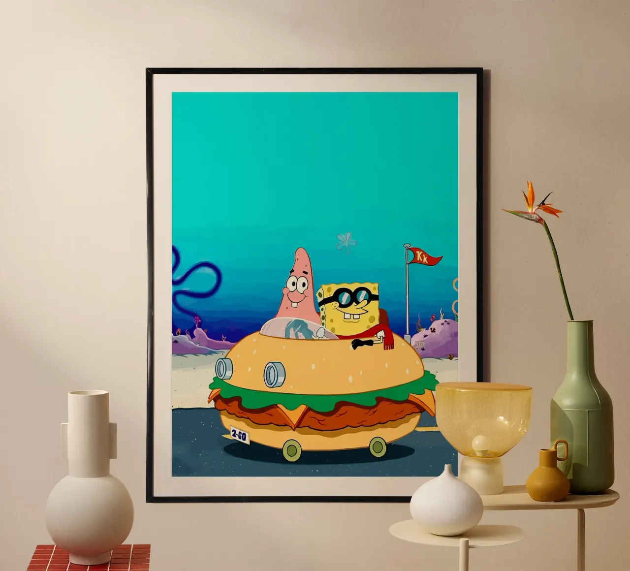 SpongeBob and Patrick ride in a burger car poster con telaio in legno da Dumery Art